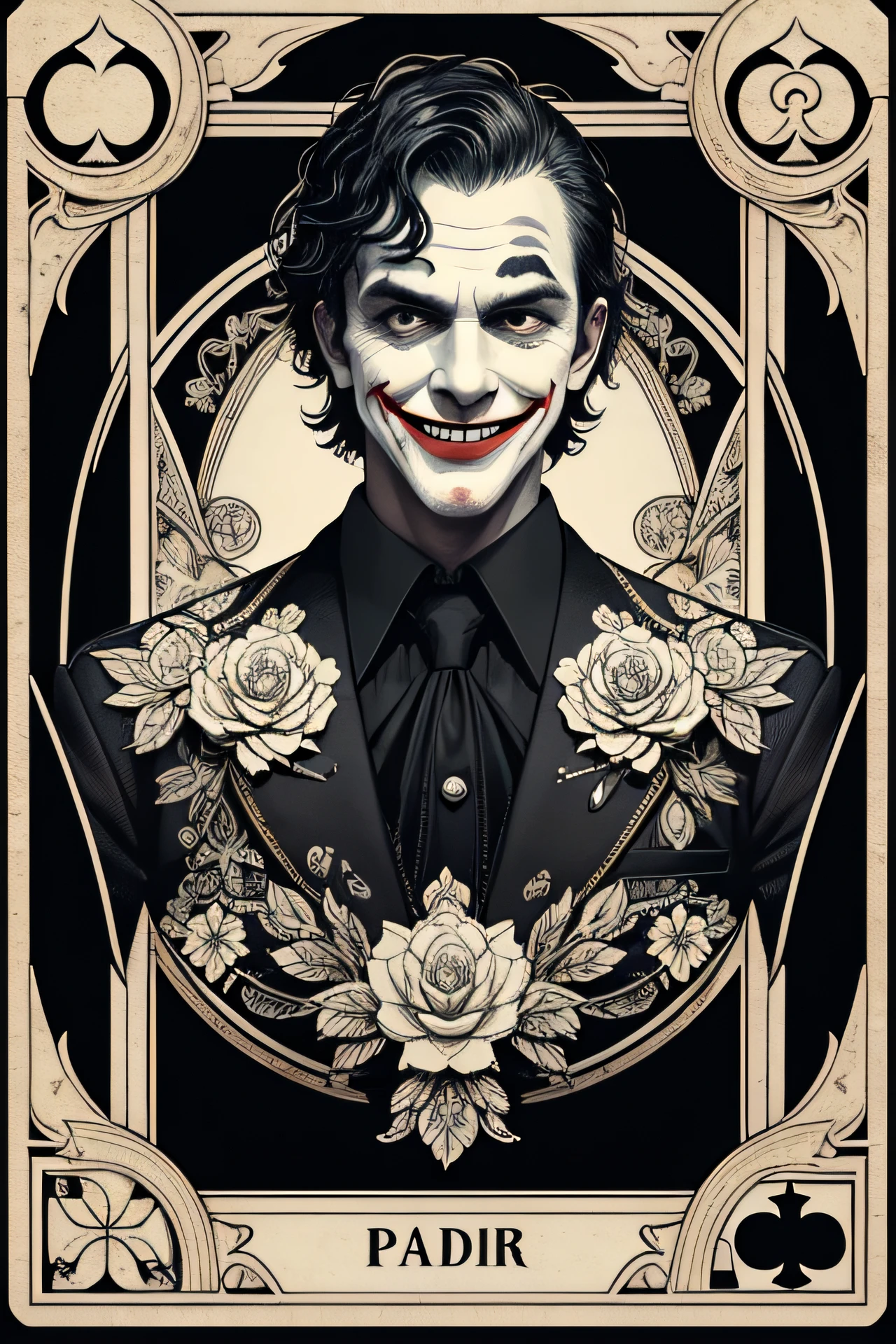 best quality, 4k, realistic, playing_card, joker_illustration, antique, vintage, black_and_off-white, intricate border designs, scrolls, flourishes, dots, leaves, buds, smiling face, dark eyes, dim lighting, perfect product photo