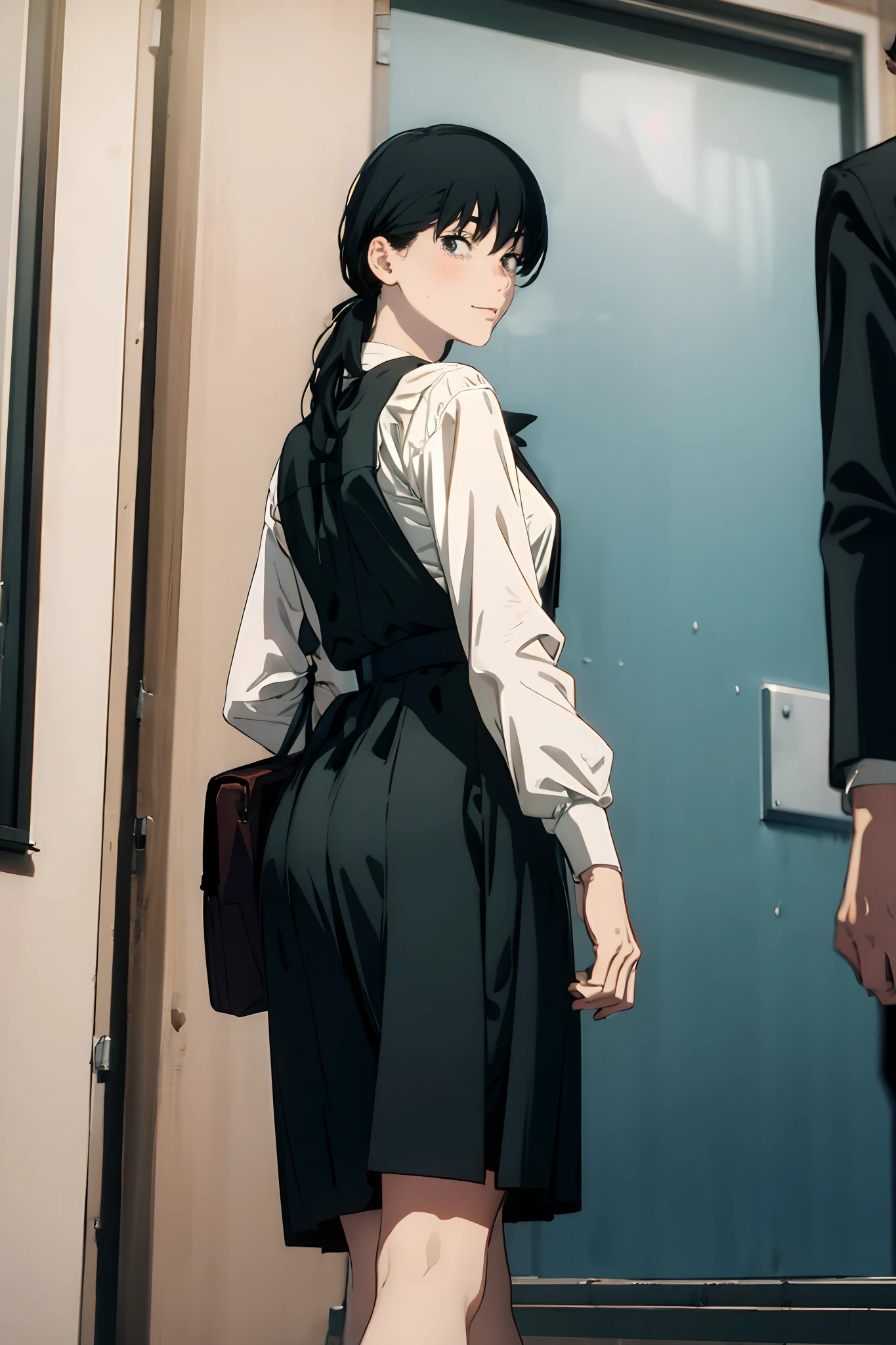 black pinafore dress, black belt, black ribbon,school corridor, twintails,  a pretty girl walking down the street but is groped on the ass,(( grabbed ass, grab ass)), He is wearing a student briefcase, looking at the viewer, black eyes, black hair ,povag,blushing, somewhat nervous, shy ,big ass,semi long skirt