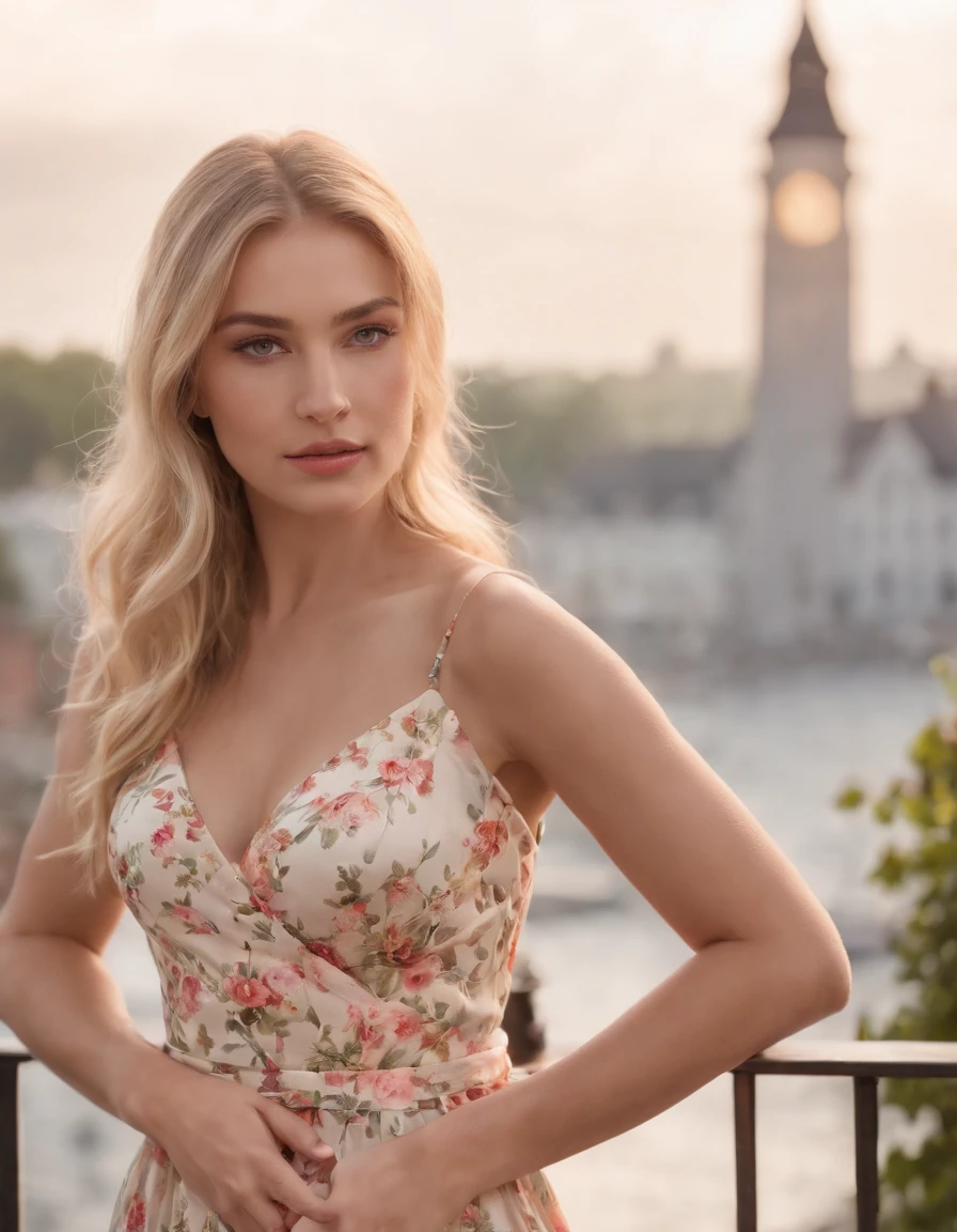 Blonde woman in floral dress posing on balcony railing, Soft portrait shot 8 K, Sexy dress, 8 k sensual lighting, ultra-realistic picture, semi - realistic render, beautiful blonde girl, Dressed in elegant dresses, beautifully soft lit, beautiful realistic photo, photorealistic perfect body, smooth 3d cg render, delicate soft hazy lighting, highly realistic photograph
