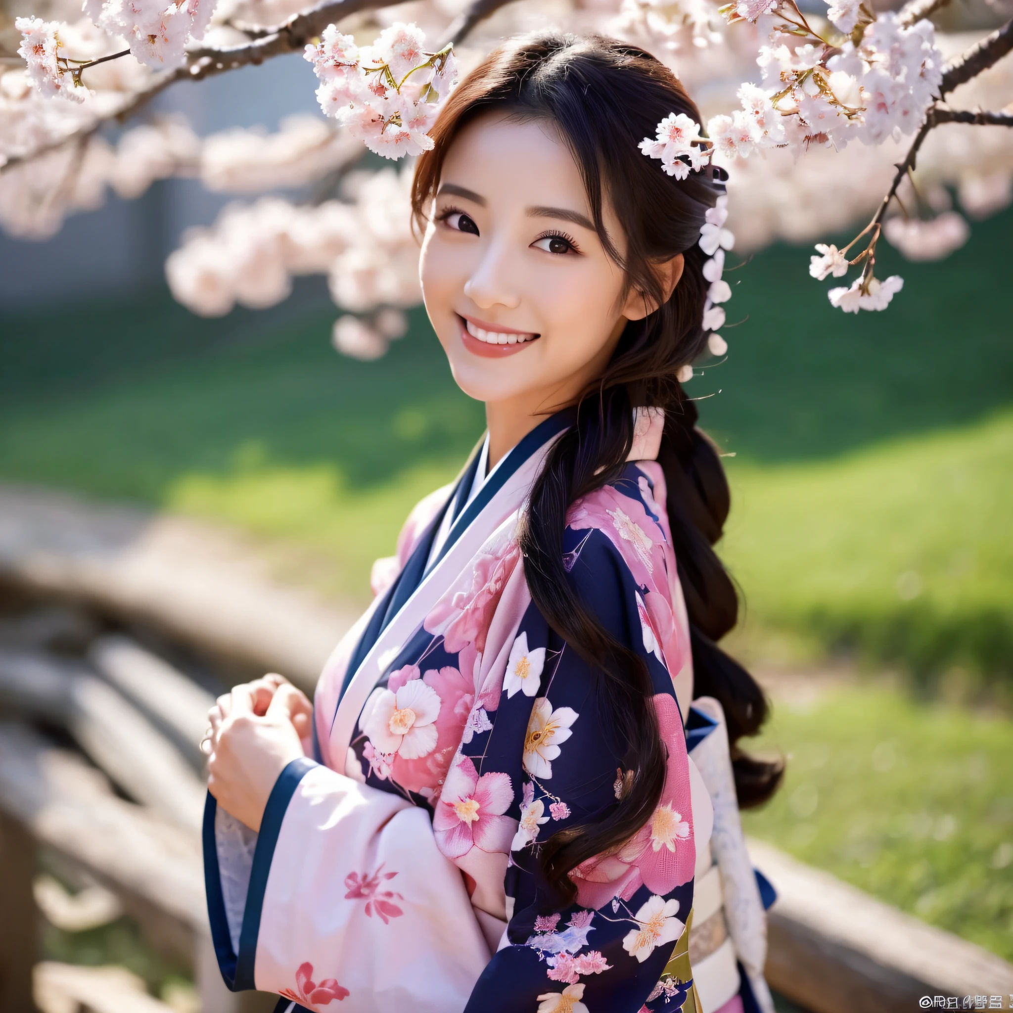 (Super beautiful woman in kimono)、((best qualtiy、8k masterpieces:1.3))、foco nítido:1.2、(ultra beautiful faces:1.0)、(shinny skin:1.0)、photos realistic、A dark-haired、Video Lighting、High-definition eyes and face、Video Lighting、Japanese actressl、from the front side、medium breasts、With a happy smile、Slender Abs Beauty、Whole body、wearing kimonos、On a hill with dancing cherry blossoms