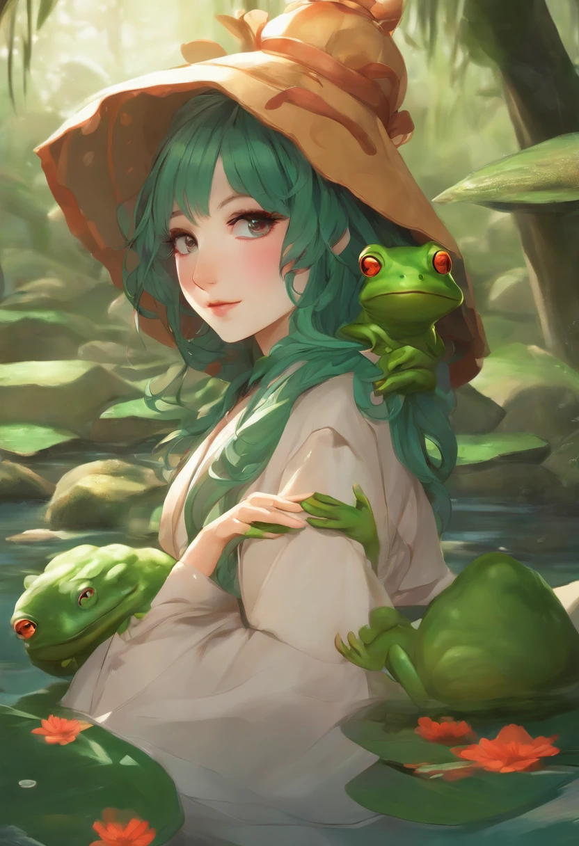 ((Highest quality)), ((masterpiece)), (detailed), (Perfect Face)、The female frog monster, whose body and mind are frogs, is Yukikaze Mizuki, a frog woman with medium-long brown hair and green skin.、The woman is naked and has the body of a frog, a frog girl, with webbed hands and feet, a frog-like posture, a frog-like body surface, and a frog-like tongue, the length of which is also1A perfect frog girl with a meter-long tongue, clinging to a male frog monster、The woman is by the water in the forest, mating with a male frog monster.