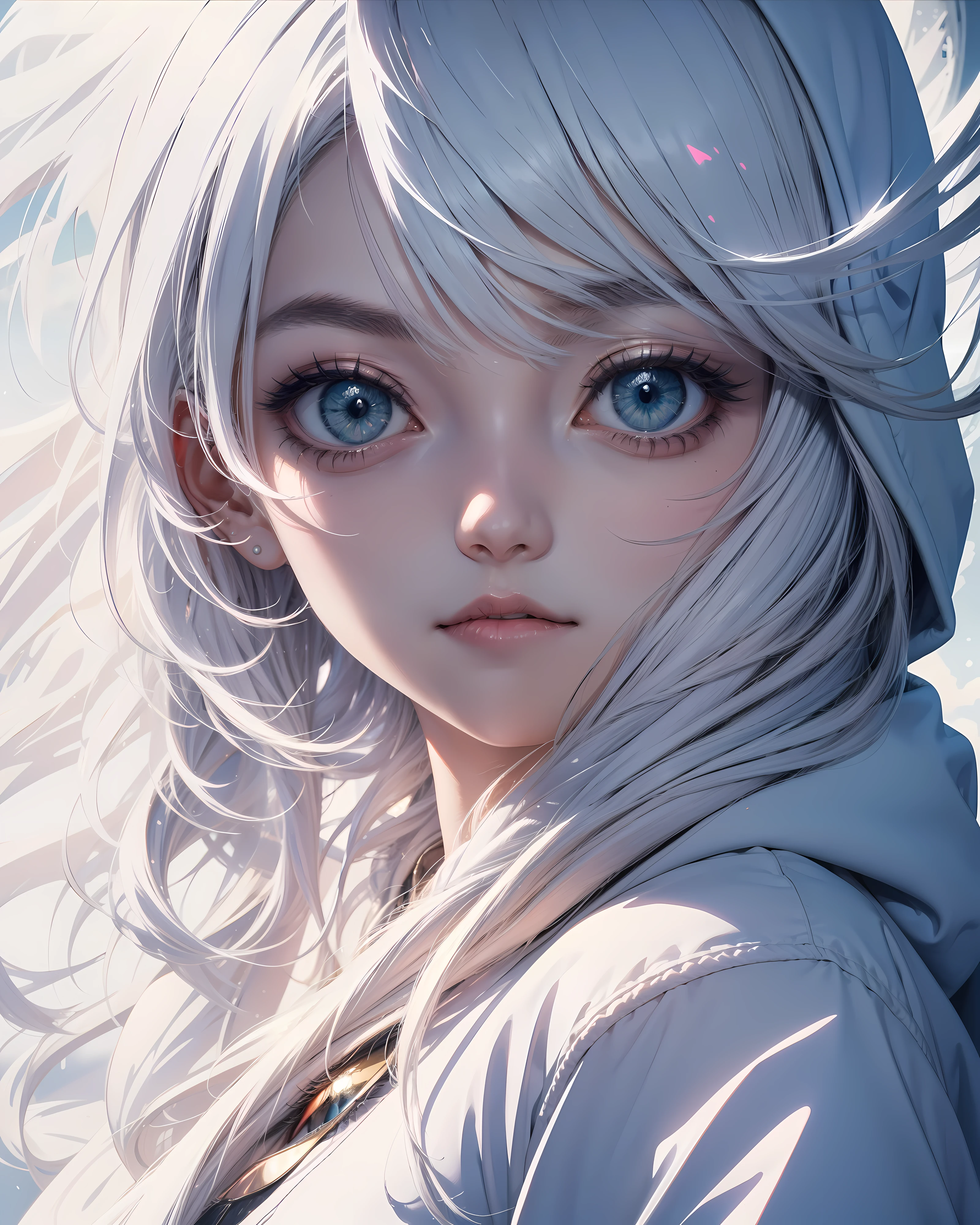 Top Quality, Masterpiece, High Resolution, 8k, Hoodie and Anime Style Girl, One Girl, Detailed Line Art, Bright White and Bright Amber Style, Digital Enhancement, Close Up, Anime Core, Flowing Fabric