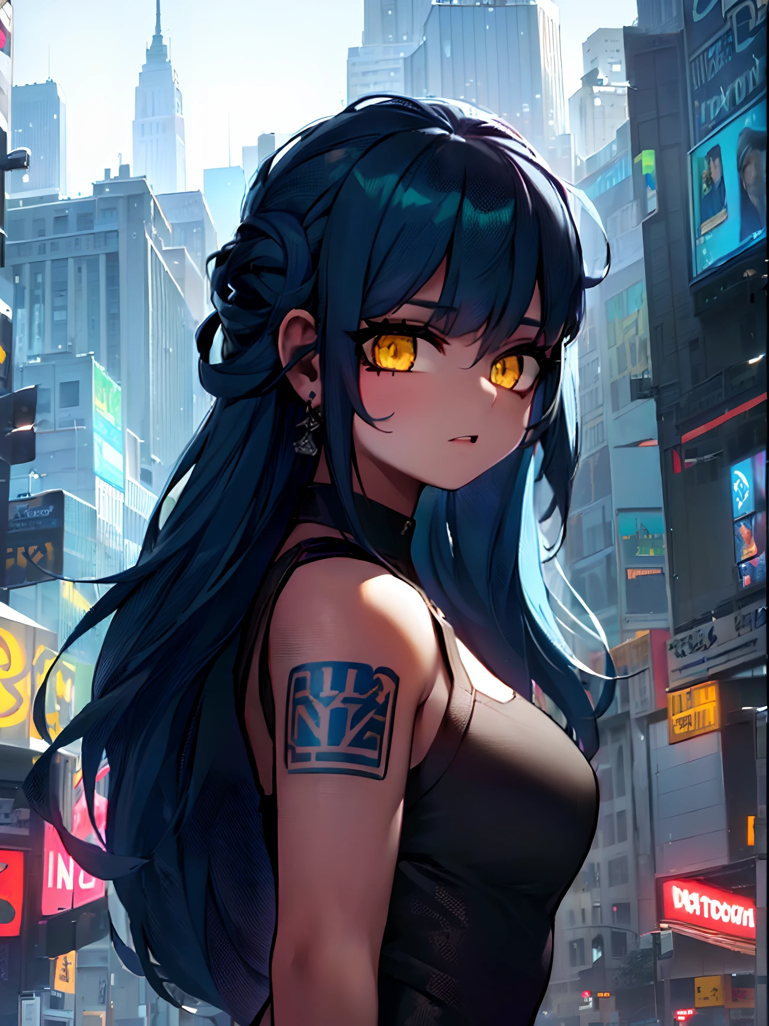 young woman, blue hair, yellow eyes, tattoed arm, in new york city, good expression, 4k