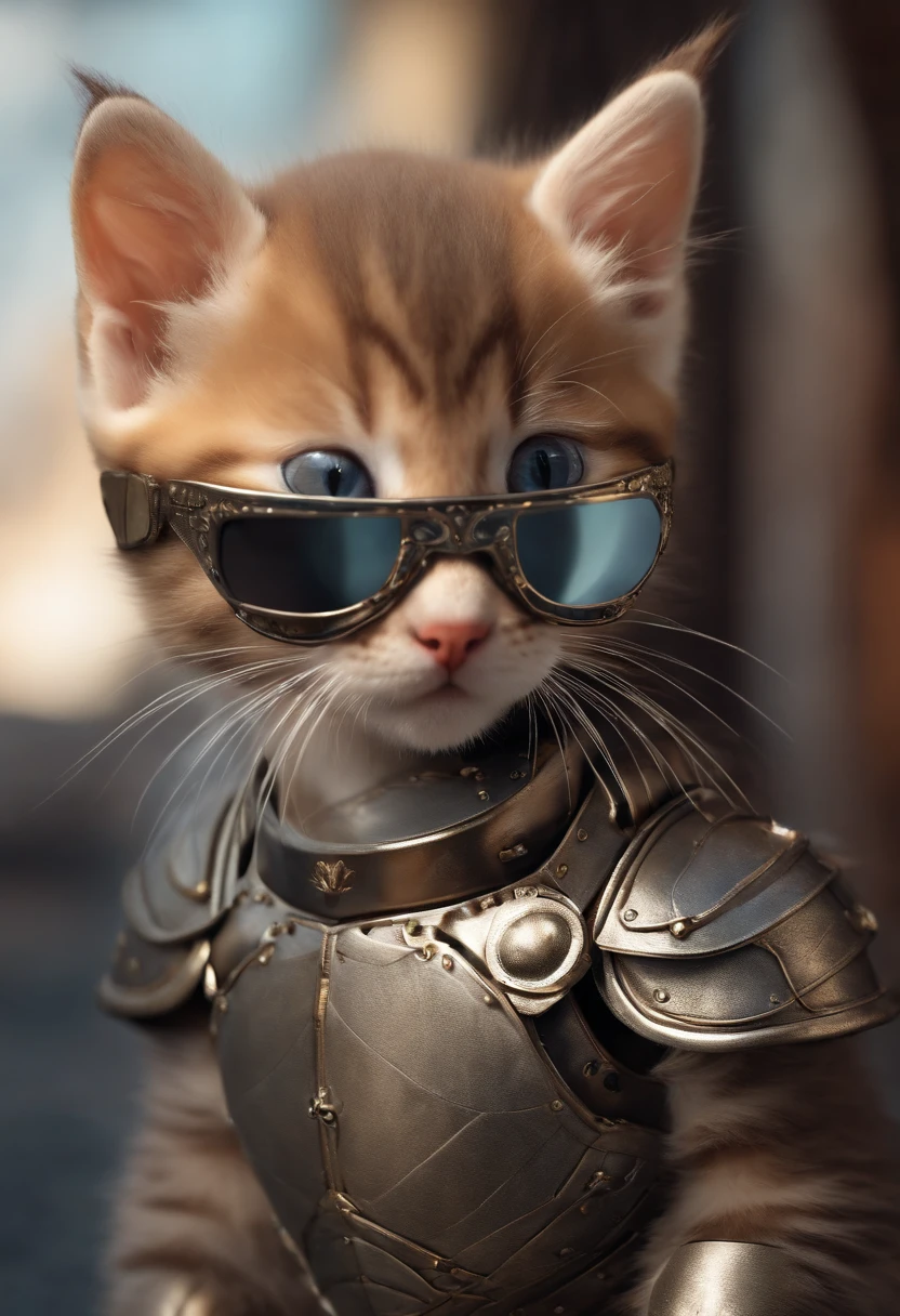 Perfectly centered, cute kitten, wearing sunglasses and steel armor, cheerful, standing pose, abstract beauty, centered, looking at camera, facing camera, close to perfect, dynamic, high detail, smooth, sharp focus, 8K