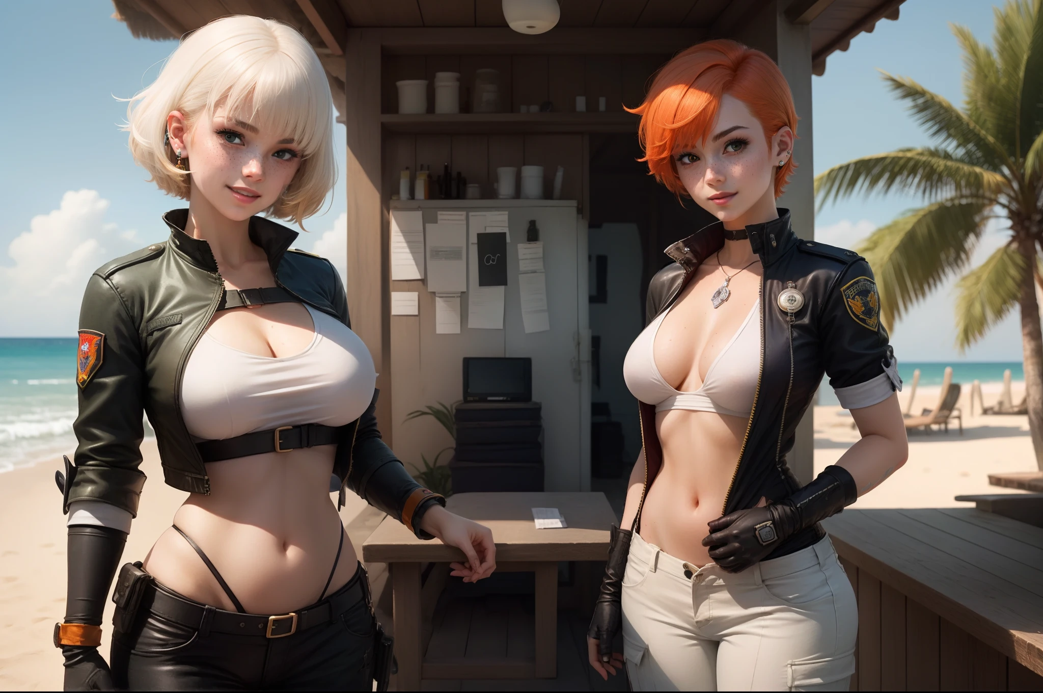 gwen tennyson,tracer,y'shtola rhul,yorha 2b,atelier ryza,resident evil,close up,mecha pilot,ocean view,fireworks,tattoos,red and orange plugsuit,white short sleeve silk top,light gray cargo pants,uncovered belly,short hair,cute makeup,green eyes,dimensional blonde and orange hair,shy smile,freckles, redhead,beautiful girl,large breasts, ultra detailed,realistic,fantasy art, military uniform,steel armor,palm trees,moonlight,police uniform,pilot jacket,ear piercings,hair pin,wet body, portrait close up,beach cabin,