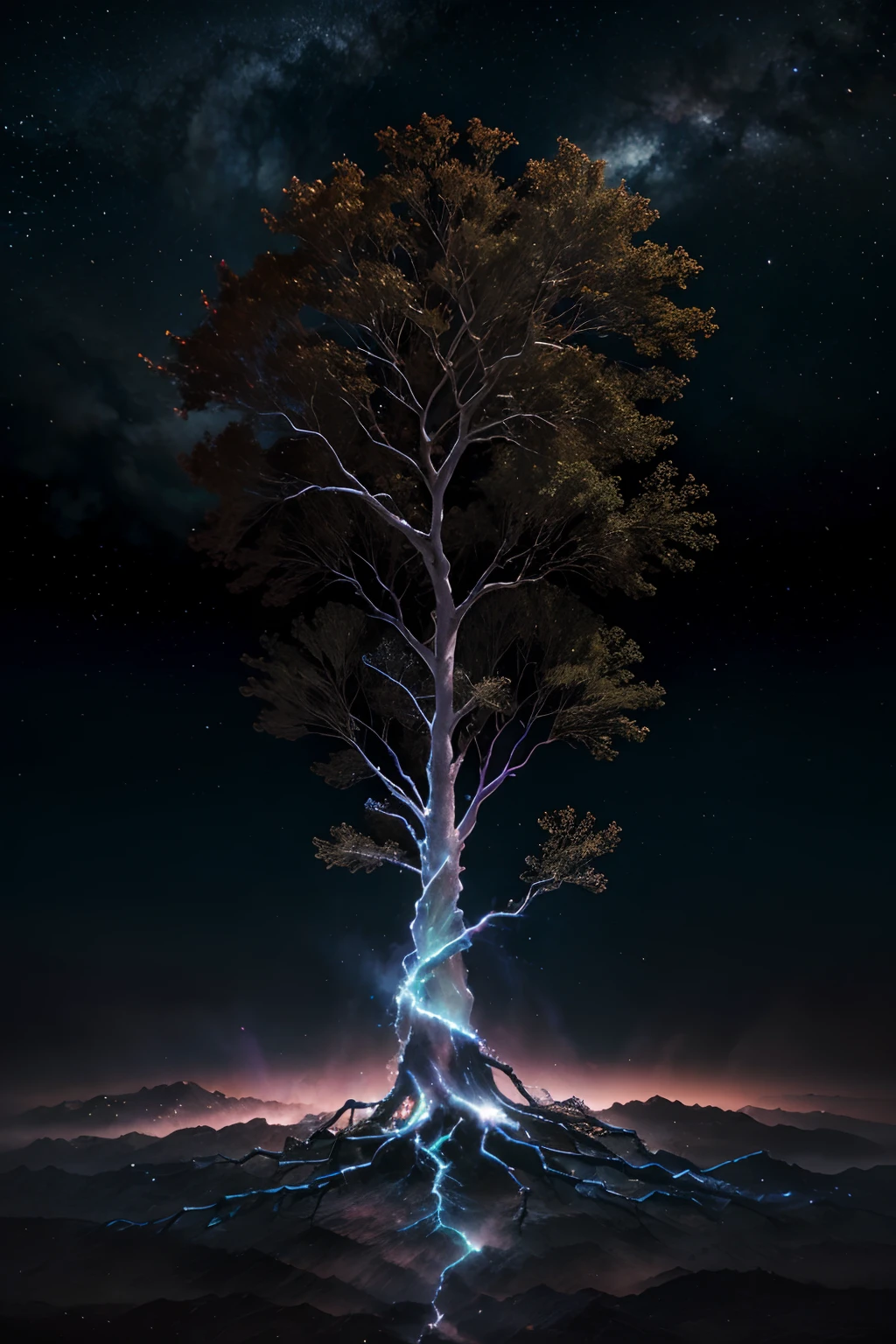 "Produce an artistic representation of the World Tree, its roots delving deep into the colorful gases of a celestial nebula, and its branches touching distant stars."