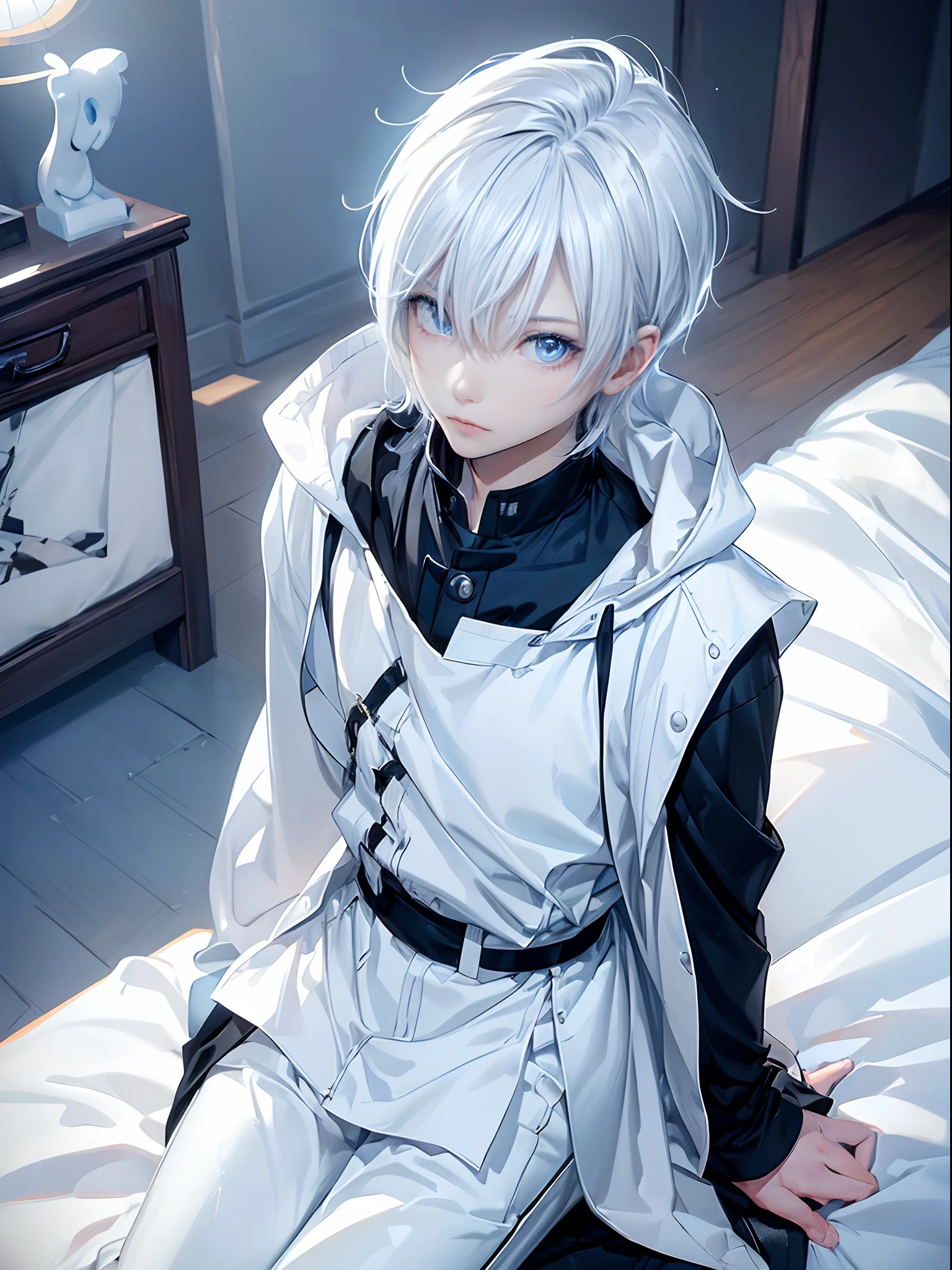 ((4K works))、masterpiece、(top-quality)、One beautiful boy、Slim body、tall、((Black Y-shirt and white pants、Charming street style))、Please wear one jacket、Wearing a hood to hide his face、(Detailed beautiful eyes)、Morning City、((bedroom))、Stylish bedroom in the morning、Video call screen、((Face similar to Carly Rae Jepsen))、((Short-haired white hair))、((Smaller face))、((Neutral face))、((Bright blue eyes))、((American adult male))、((Adult male 26 years old))、((Cool Men))、((Like a celebrity))、((Wild look))、((Korean Makeup))、((elongated and sharp eyes))、((Happy dating))、((boyish))、((Upper body photography))、Professional Photos、((Model photo))、((Shot alone))、((He's on the futon))、((Like having a video call with a viewer))、((Shot diagonally from above))、((Sitting on a futon))