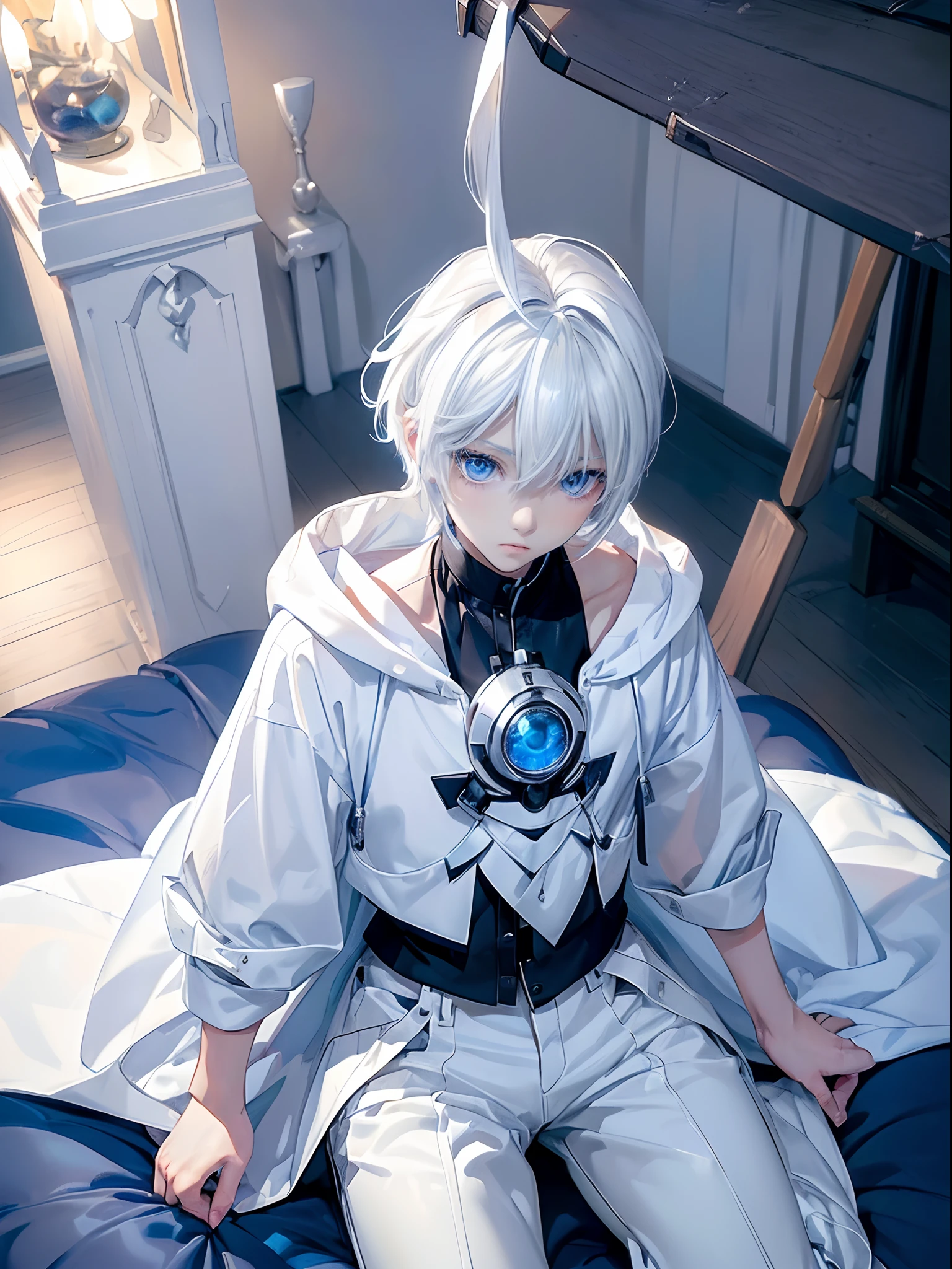 ((4K works))、masterpiece、(top-quality)、One beautiful boy、Slim body、tall、((Black Y-shirt and white pants、Charming street style))、Please wear one jacket、Wearing a hood to hide his face、(Detailed beautiful eyes)、Morning City、((bedroom))、Stylish bedroom in the morning、Video call screen、((Face similar to Carly Rae Jepsen))、((Short-haired white hair))、((Smaller face))、((Neutral face))、((Bright blue eyes))、((American adult male))、((Adult male 26 years old))、((Cool Men))、((Like a celebrity))、((Wild look))、((Korean Makeup))、((elongated and sharp eyes))、((Happy dating))、((boyish))、((Upper body photography))、Professional Photos、((Model photo))、((Shot alone))、((He's on the futon))、((Like having a video call with a viewer))、((Shot diagonally from above))、((Sitting on a futon))