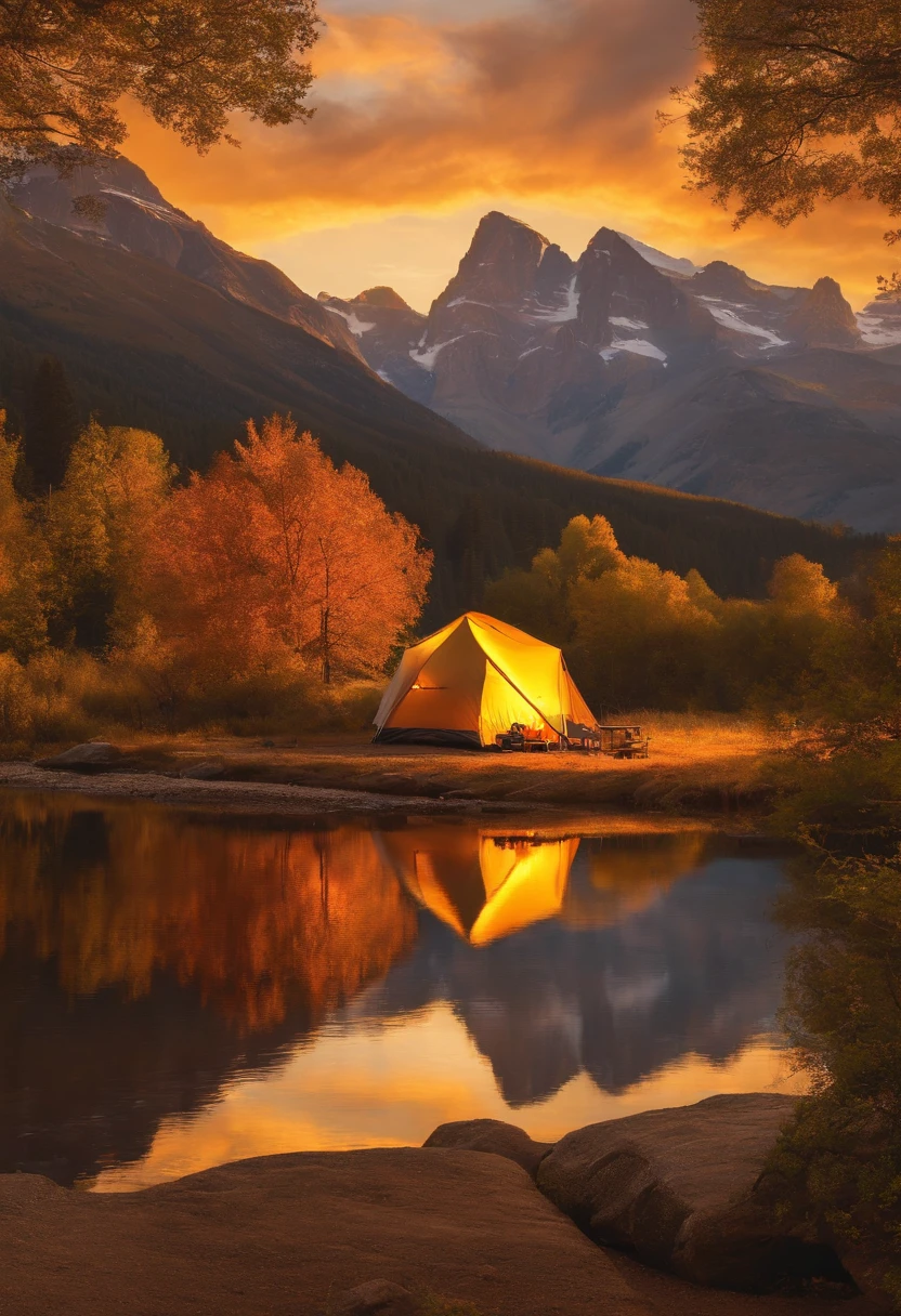 RV camping,Pop Art,Albert Bierstadt,The Great Outdoors,Close-up shot,golden hour,