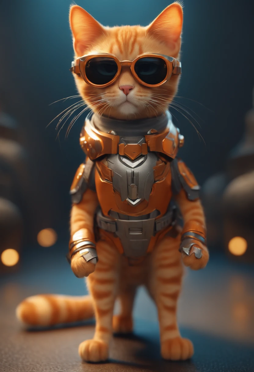 Perfectly centered, cute orange cat, wearing sunglasses and steel bullet armor, cheerful, standing pose, abstract beauty, centered, looking at the camera, facing the camera, close to perfect, dynamic, high details, smooth, sharp focus, 8K