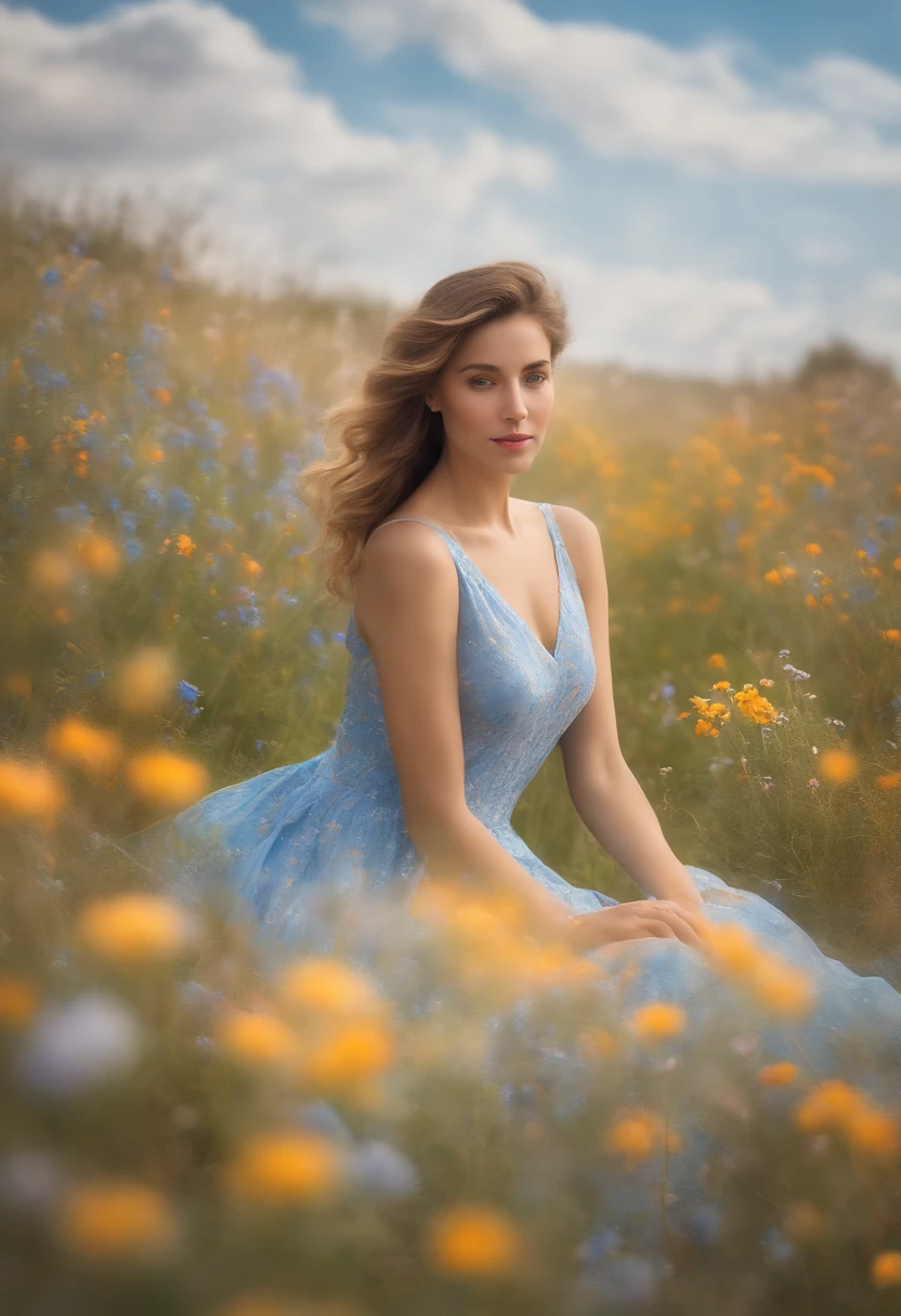 A dreamy, impressionist-style portrait of a pretty lady with a blue dress, sitting in a field of vibrant wildflowers, her dress blending seamlessly with the blossoms. The soft, pastel colors and dappled sunlight create an aura of tranquility and natural beauty