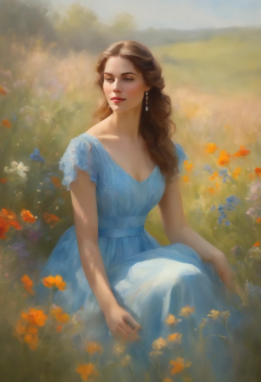 A dreamy, impressionist-style portrait of a pretty lady with a blue dress, sitting in a field of vibrant wildflowers, her dress blending seamlessly with the blossoms. The soft, pastel colors and dappled sunlight create an aura of tranquility and natural beauty