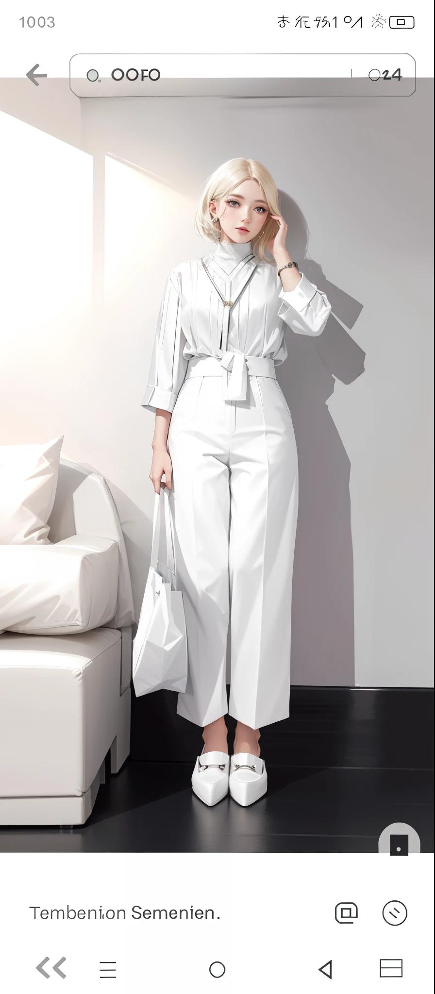 a close up of a person standing in a room with a bag, white trendy clothes, white silky outfit, full body picture, white pants, wearing a blouse, wearing white silk, modern fashion outfit, office clothes, business outfit, dressed a long white, ( ivory black ), casual business outfit, full body full height, casual white garment, business clothes, white clothes