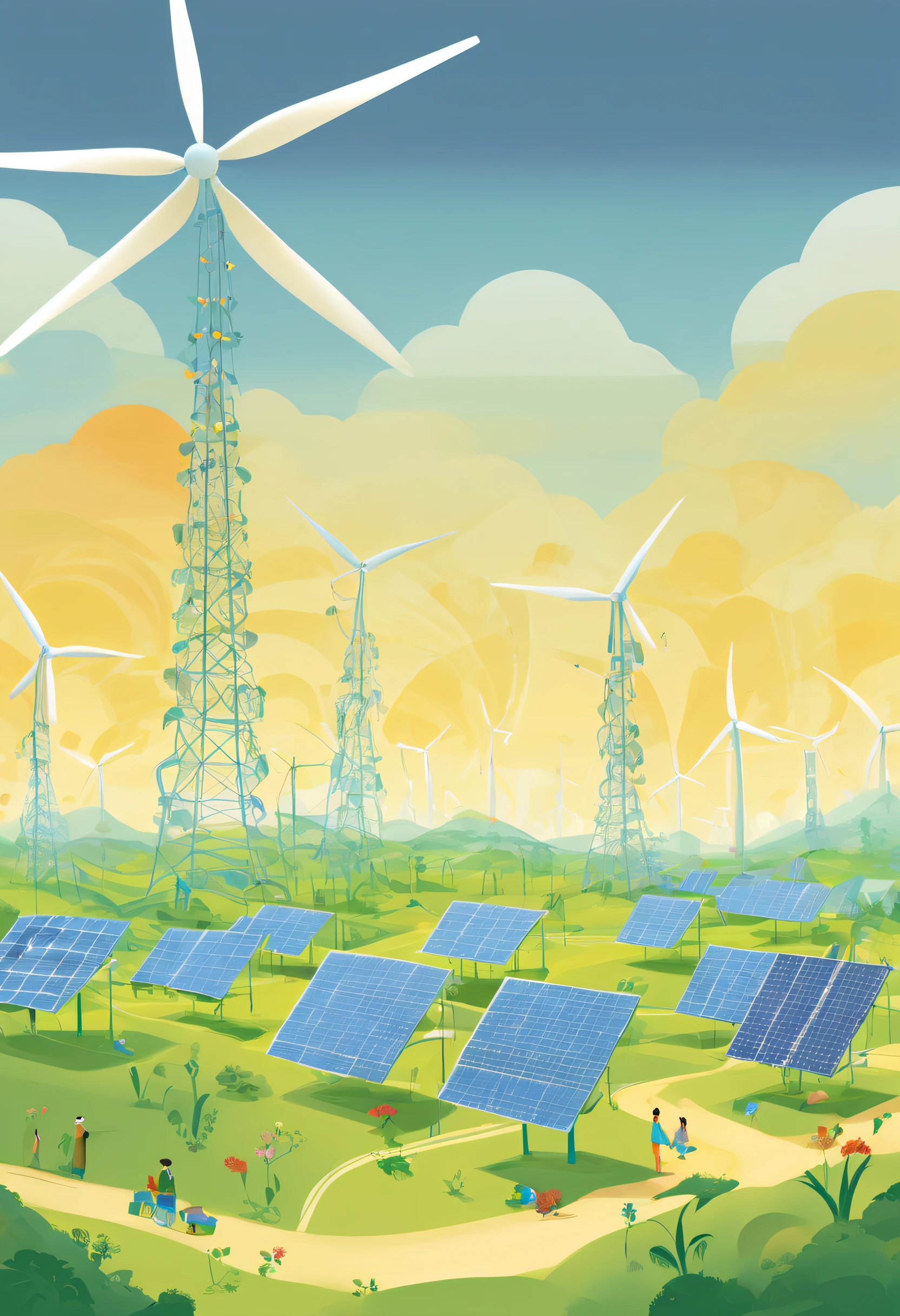 long-term impact of renewable energy adoption on global carbon emissions reduction and the stability of the energy grid, in the style of Iwan Baan fused with the imaginative style of Mary Blair