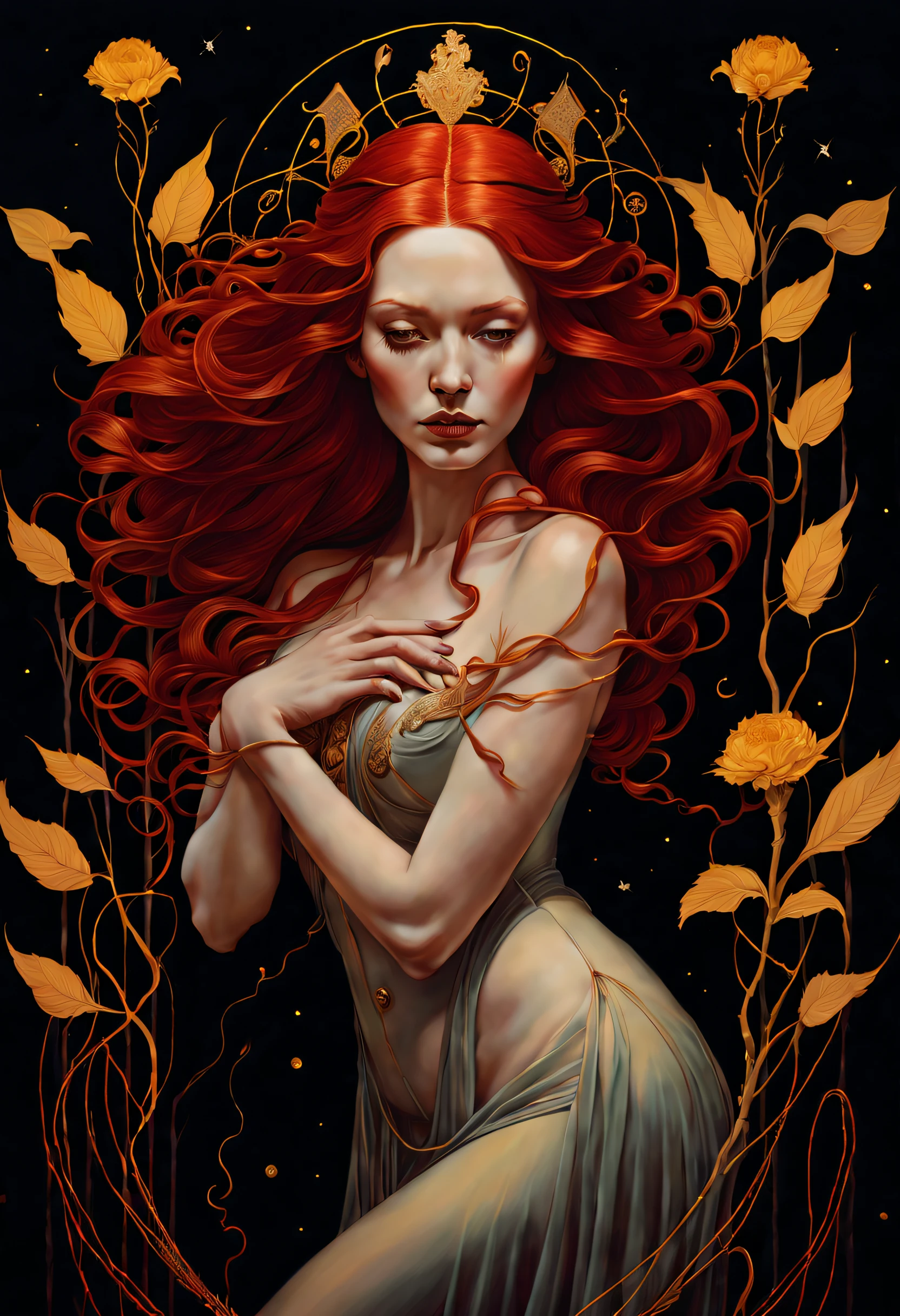 tarot cards, chiaroscuro technique on sensual illustration of an queen of wands, red hair line, vintage queen, eerie, matte painting, by Hannah Dale, by Harumi Hironaka, extremely soft colors, hint of yellow pastel, highly detailed, digital artwork, high contrast, dramatic, refined, tonal, highest quality,anatomy correct,ultra-wide-angle,depth of fields