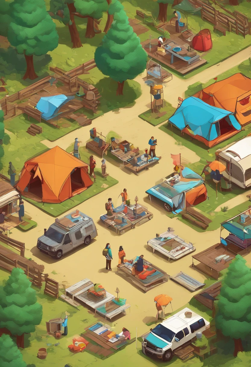 RV camping，Pop art，Albert Bierstadt，Great outdoor activities，Close-up shot，prime time，