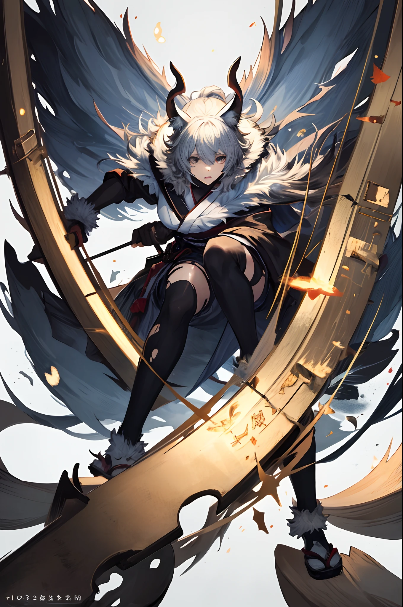 social game, unit illustration, cover_page, 1girl, solo, fighting pose, torn clothes, yukata, furry, kemono((animal body, detailed body fur))full body,maze, disorder, unhealthy, depressed, despair, misanthrope,