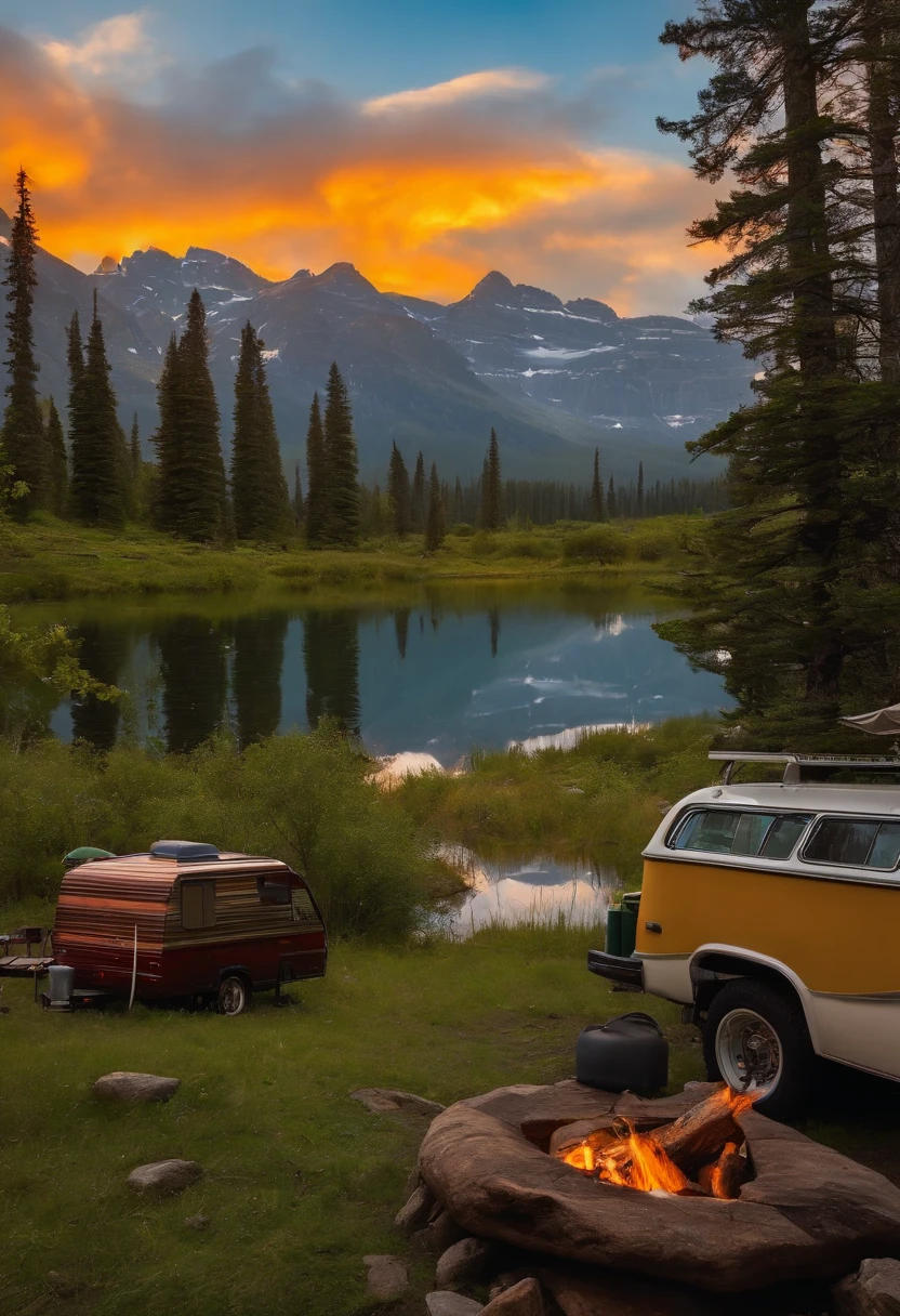 RV camping,Pop art,Albert Bierstadt,Great outdoor activities,Close-up shot,prime time,