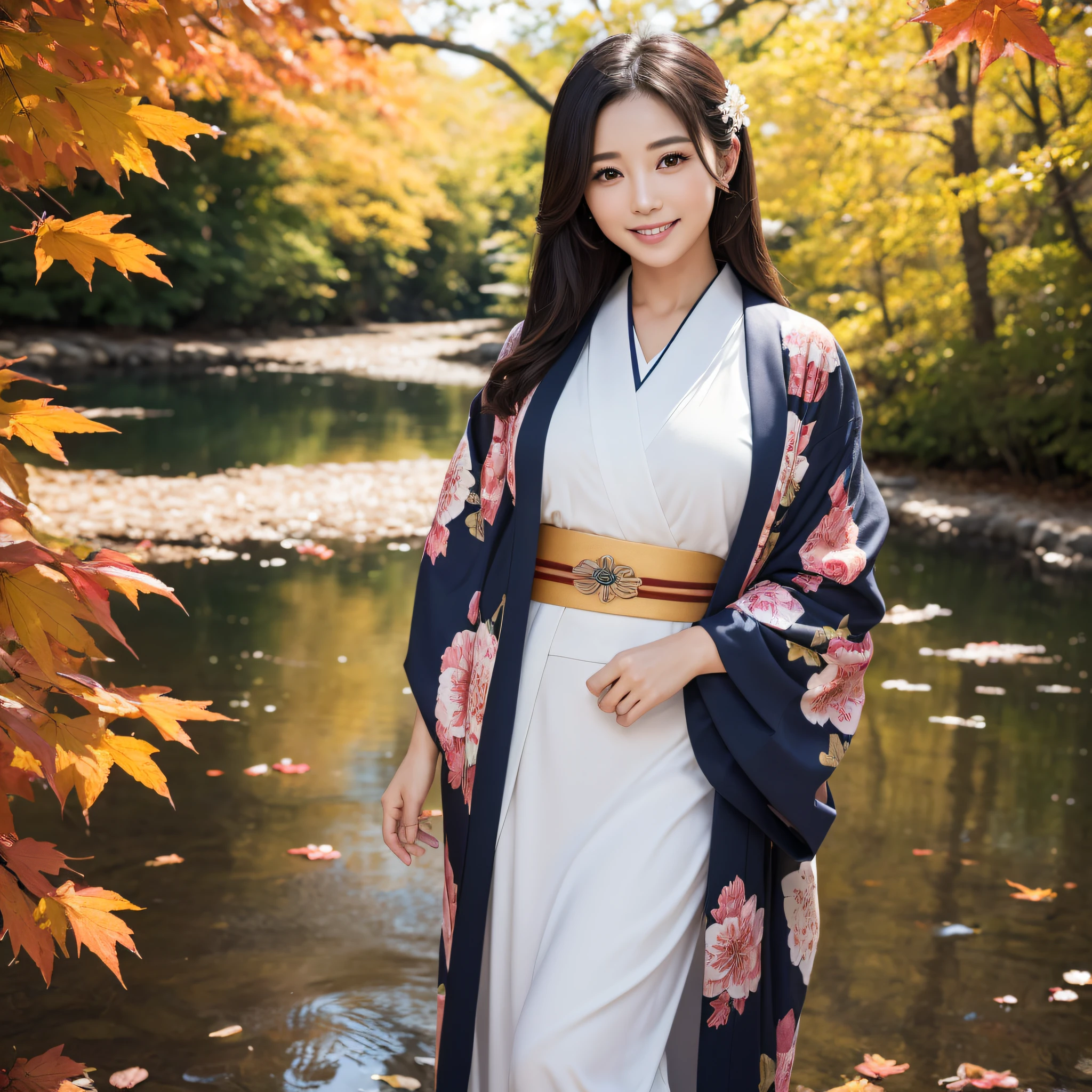 (Super beautiful woman in kimono)、((best qualtiy、8k masterpieces:1.3))、foco nítido:1.2、(ultra beautiful faces:1.0)、(shinny skin:1.0)、photos realistic、A dark-haired、Video Lighting、High-definition eyes and face、Video Lighting、Japanese actressl、from the front side、medium breasts、With a happy smile、wearing kimonos、Under the autumn leaves、