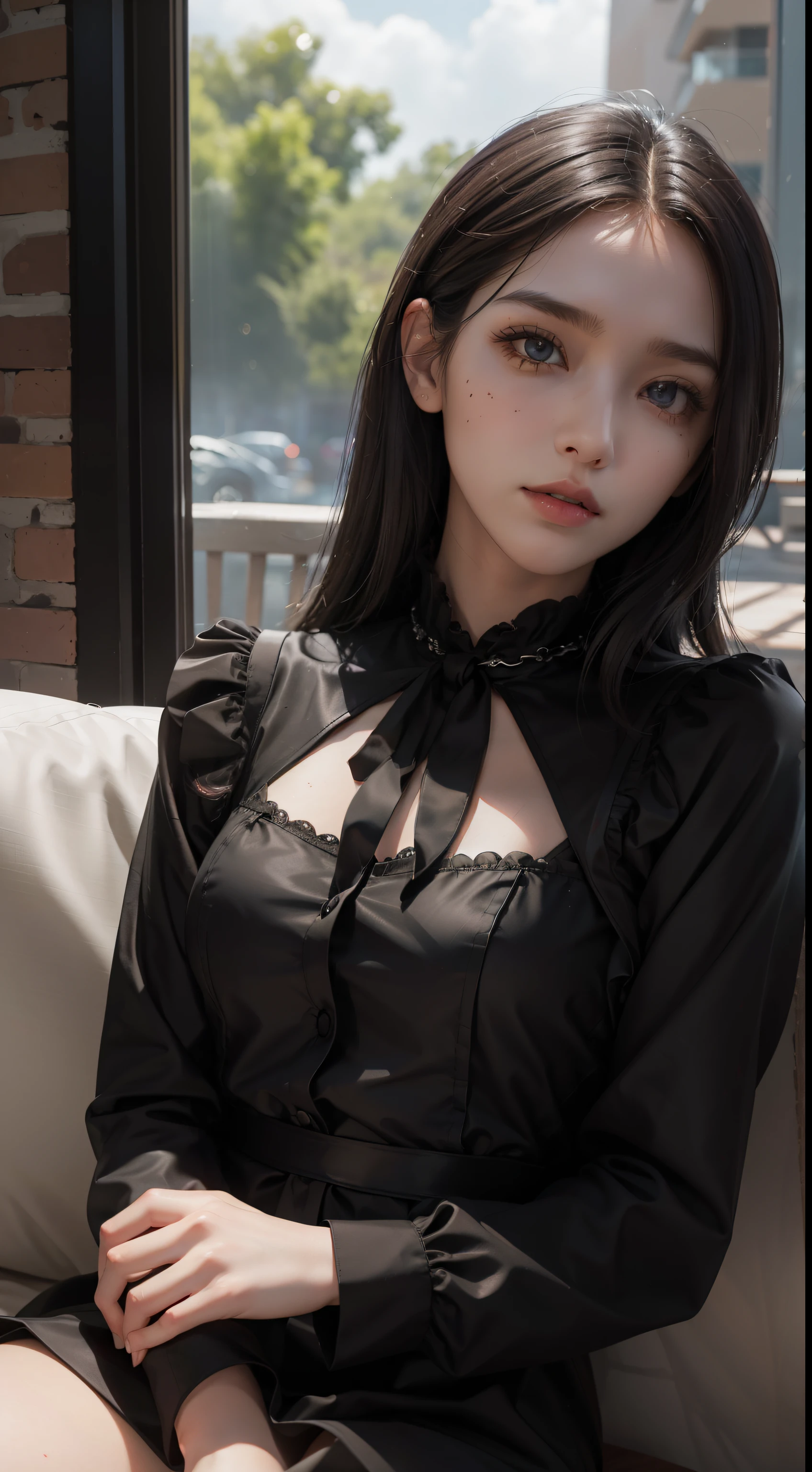 (Hyper-realistic), (Illustration), (High resolution), (8K), (Extremely detailed), (Best Illustration), Yol ( chain saw man ), (Beautiful detailed eyes), (Best Quality), (Ultra-detailed), (masutepiece), (Wallpaper), (Detailed face), Solo, Upper body, Focus on Face, 1 girl, Long Black Hair, Korean, Thin eyeshadow, A detailed eye, Brown eyes, Small moles under the eyes, very slender legs,Long sleeve shirt, Neckbow, Small breasts,Black leather shoes,pinafore dress, Dynamic Pose, low illuminance, Night, Dark, Clouds, a dark night,sit on sofa,Drinking black tea,