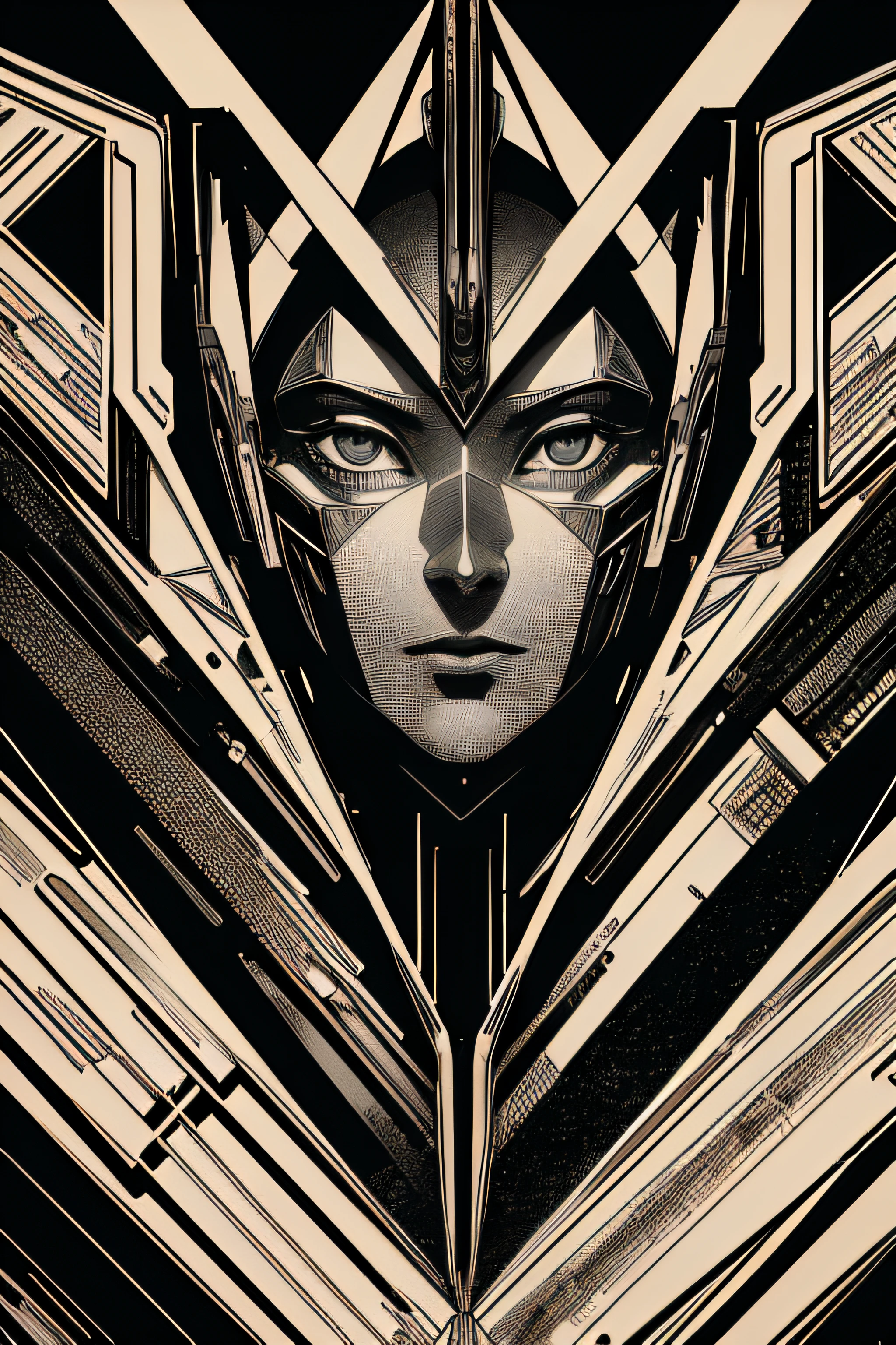 (Masterpiece, Best Quality), 8k Wallpaper, highly detailed, poster, Metropolis, Maria Robot, science fiction, German expressionist science-fiction silent film directed by Fritz Lang ,sexy, horror thriller cinematic movie poster, Bauhaus, shapes, lines, abstract, propaganda, movie poster, vintage, double exposure.