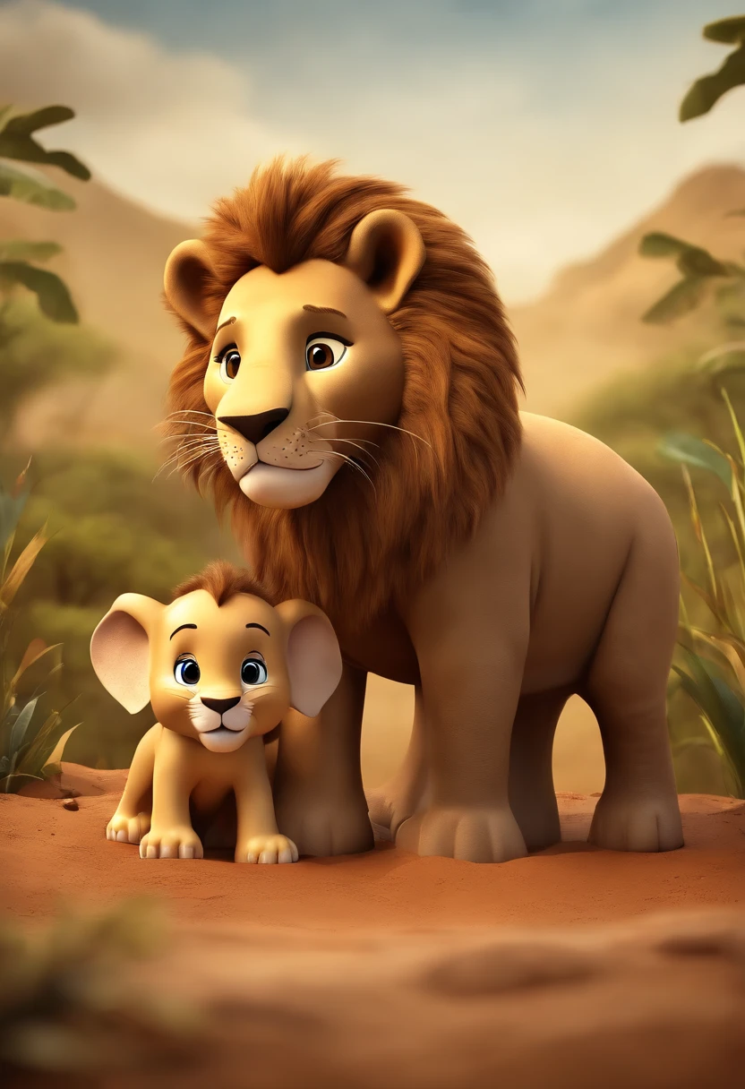 Good cartoon lion, Helping a elephant get out of a muddy hole. Make sure the lion and elephant are smiling and show a savannah environment around
