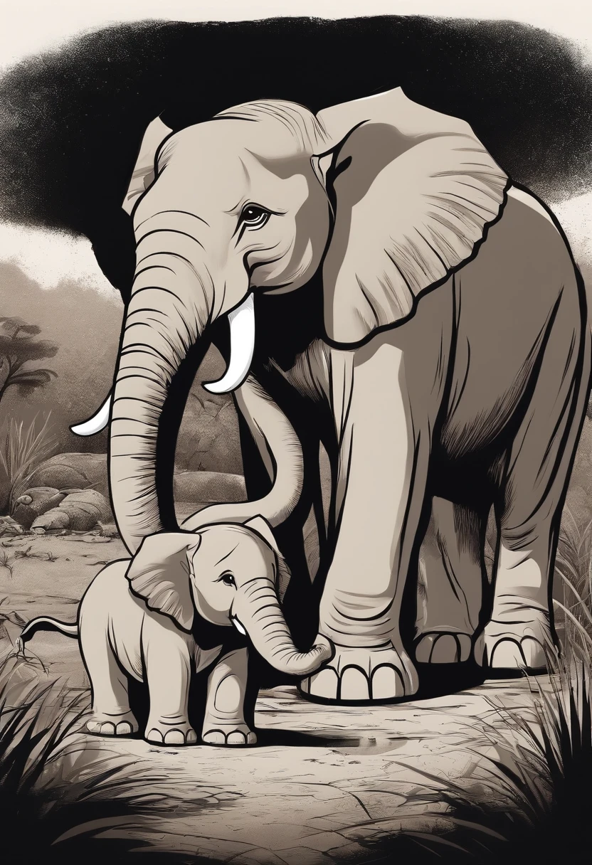 Good cartoon lion, Helping a elephant get out of a muddy hole. Make sure the lion and elephant are smiling and show a savannah environment around