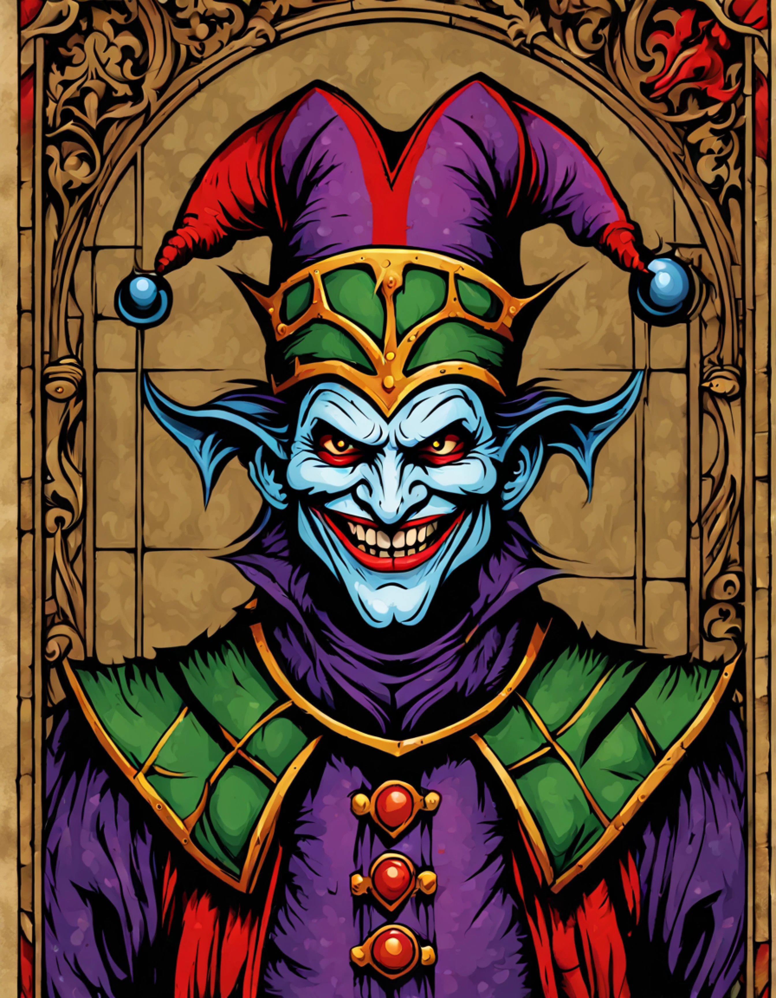 (colorful medieval illustration) of a game card, full shot of a menacing (demonic jester:1.3), (motley), (cap 'n bells), demonic appearance, mischievous smile, dyes hair, shiny blade, mesmerizing castle interior, subtle hints of magic and mystery, bringing the essence of the medieval era to life with a touch of darkness and enigma