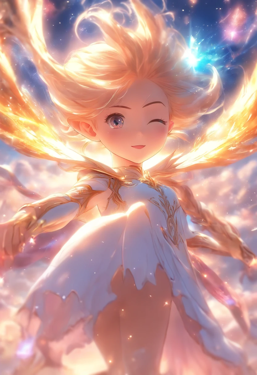 foreshortening,  profundidade de campo, master part, best quality, 1Elf Girl, white hairs, olhos dourados,  cabelos longos, GLIDING IN THE SKY, bolha de ar, nuvens, sozinho, Olhando para o Viewer, Vestido branco, elegante,  luz solar fraca,