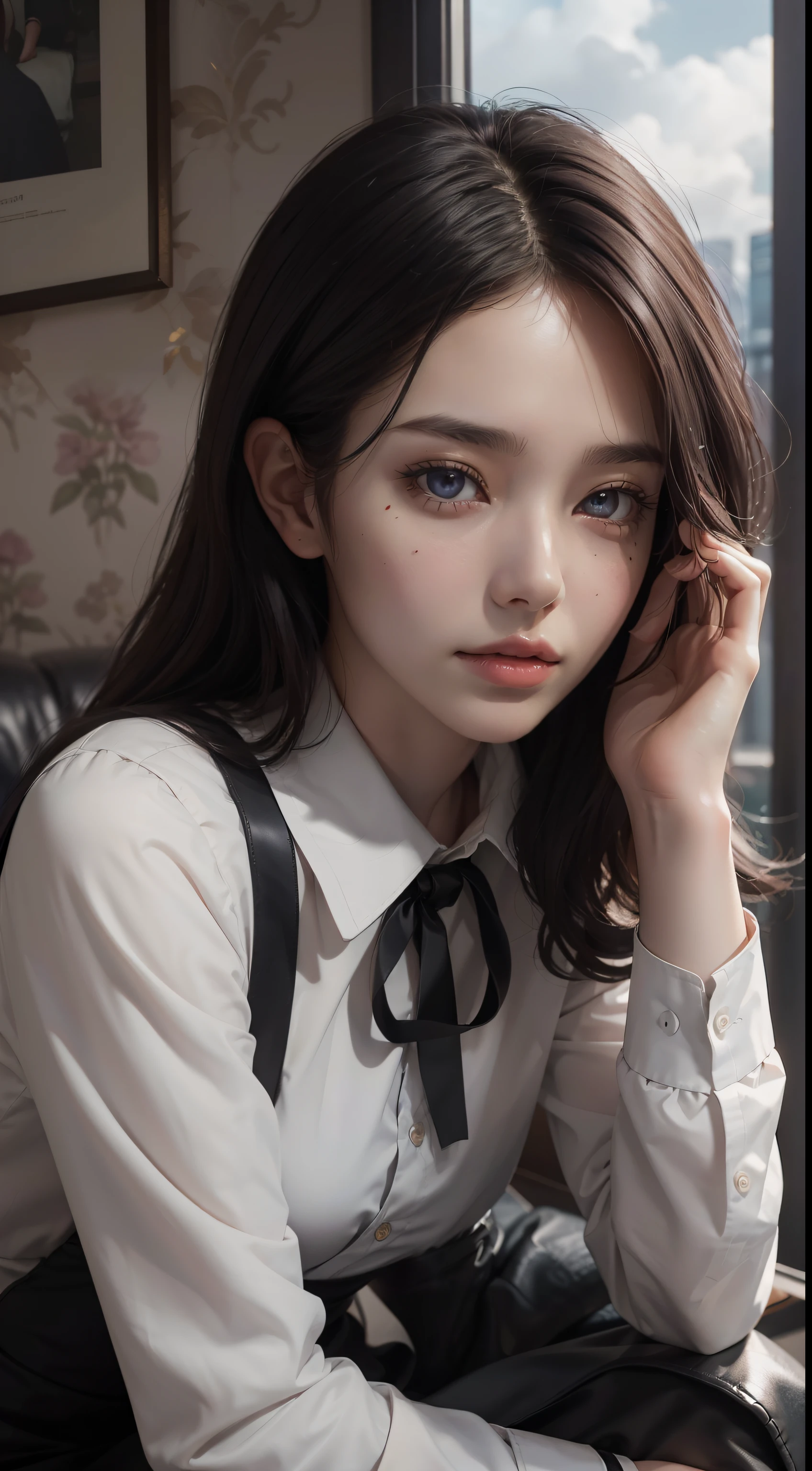 (Hyper-realistic), (Illustration), (High resolution), (8K), (Extremely detailed), (Best Illustration), Yol ( chain saw man ), (Beautiful detailed eyes), (Best Quality), (Ultra-detailed), (masutepiece), (Wallpaper), (Detailed face), Solo, Upper body, Focus on Face, 1 girl, Long Black Hair, Korean, Thin eyeshadow, A detailed eye, Brown eyes, Small moles under the eyes, very slender legs,Long sleeve shirt, Neckbow,  Small breasts,Black leather shoes,pinafore dress, Dynamic Pose, low illuminance, Night, Dark, Clouds, a dark night,sit on sofa,Drinking black tea,