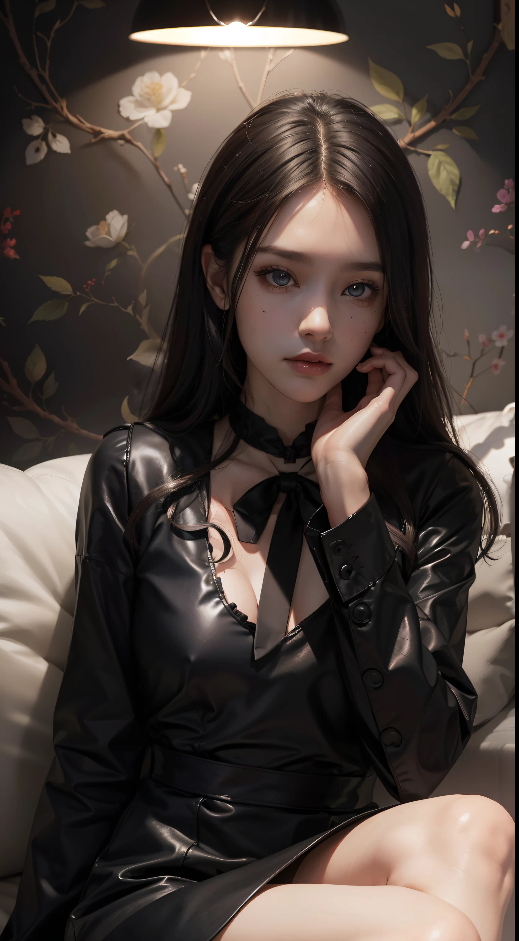 (Hyper-realistic), (Illustration), (High resolution), (8K), (Extremely detailed), (Best Illustration), Yol ( chain saw man ), (Beautiful detailed eyes), (Best Quality), (Ultra-detailed), (masutepiece), (Wallpaper), (Detailed face), Solo, Upper body, Focus on Face, 1 girl, Long Black Hair, Korean, Thin eyeshadow, A detailed eye, Brown eyes, Small moles under the eyes, very slender legs,Long sleeve shirt, Neckbow, Small breasts,Black leather shoes,pinafore dress, Dynamic Pose, low illuminance, Night, Dark, Clouds, a dark night,sit on sofa,Drinking black tea,