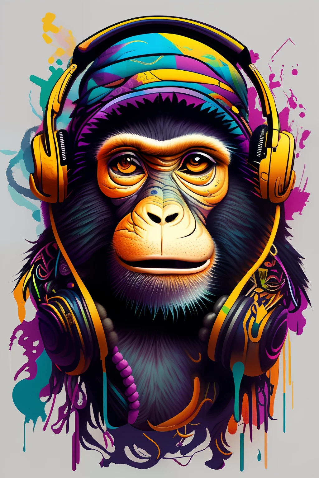 um macaco com fones de ouvido e um fundo respingado de tinta, macaco entediado nft, extremely high quality artwork, arte de alta qualidade, inspirado em Alex Petruk APe, psychedelic hip-hop, macaco entediado, psychedelic hip hop, Assunto= chimp, vibing to music, psychedelic art style, macaco, Directed by: Alex Petruk APe, psychedelic style, pintura animal