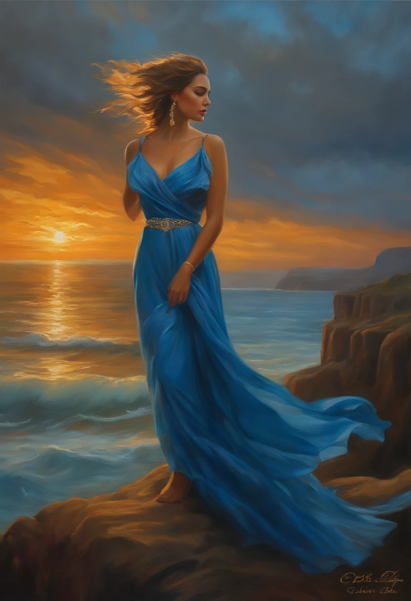 A stunning oil painting of a pretty lady in a flowing blue dress, standing on a cliff overlooking the ocean, her dress billowing in the wind, as the sun sets in a fiery blaze, casting a warm, golden glow on her and the surrounding landscape