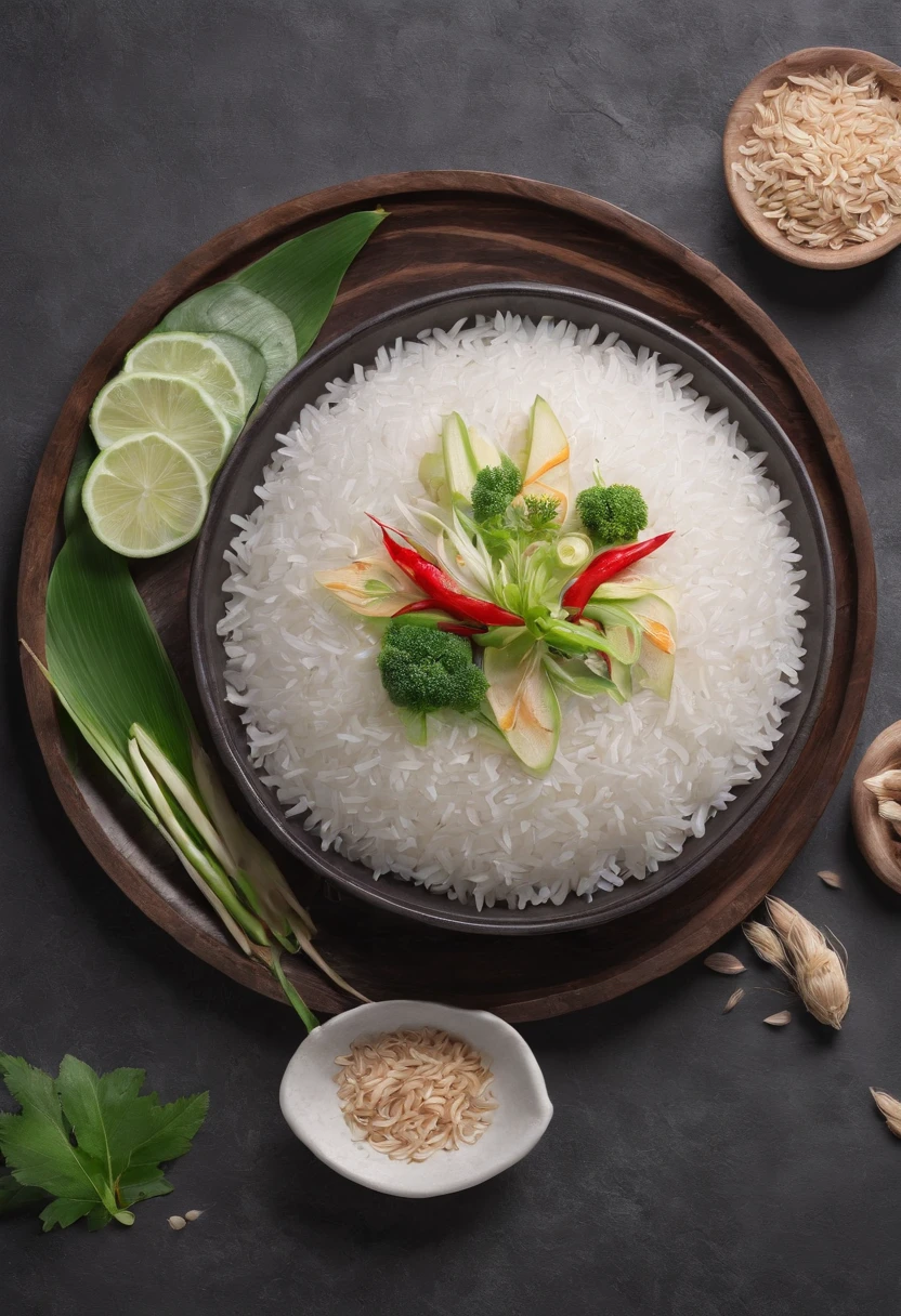 (Best quality:1.2, masterpice:1.2), vibrant, Realistic, Dramatic and dark 8K photos:1.37, ((Broken rice)) Vietnamese cuisine, nature backdrop