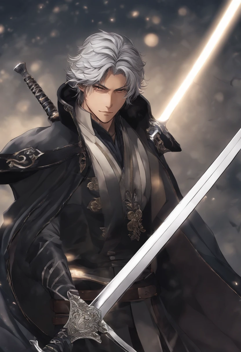 chico anime con una espada y una bufanda en la mano, inspirado por Okumura Masanobu, Chico guapo en el arte de Demon Slayer, Anime hombre guapo, Arte clave del anime, Personaje masculino de anime, Tsurumaki Kazuya, Shirow Masamune, Masamune Shiro, Trigger anime artstyle, Hermosa pose de anime, Arte detallado del personaje de anime, espadas gemelas negras con detalles plateados en la espalda, carcaj negro con flechas, Kukri negra en la mano, Floating Magic Leather Book