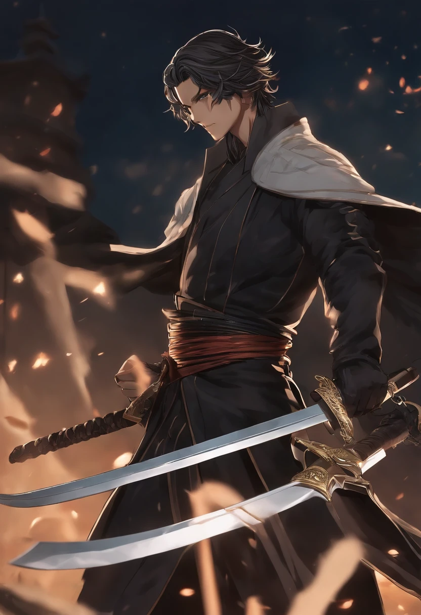chico anime con una espada y una bufanda en la mano, inspirado por Okumura Masanobu, Chico guapo en el arte de Demon Slayer, Anime hombre guapo, Arte clave del anime, Personaje masculino de anime, Tsurumaki Kazuya, Shirow Masamune, Masamune Shiro, Trigger anime artstyle, Hermosa pose de anime, Arte detallado del personaje de anime, espadas gemelas negras con detalles plateados en la espalda, carcaj negro con flechas, Kukri negra en la mano, Floating Magic Leather Book