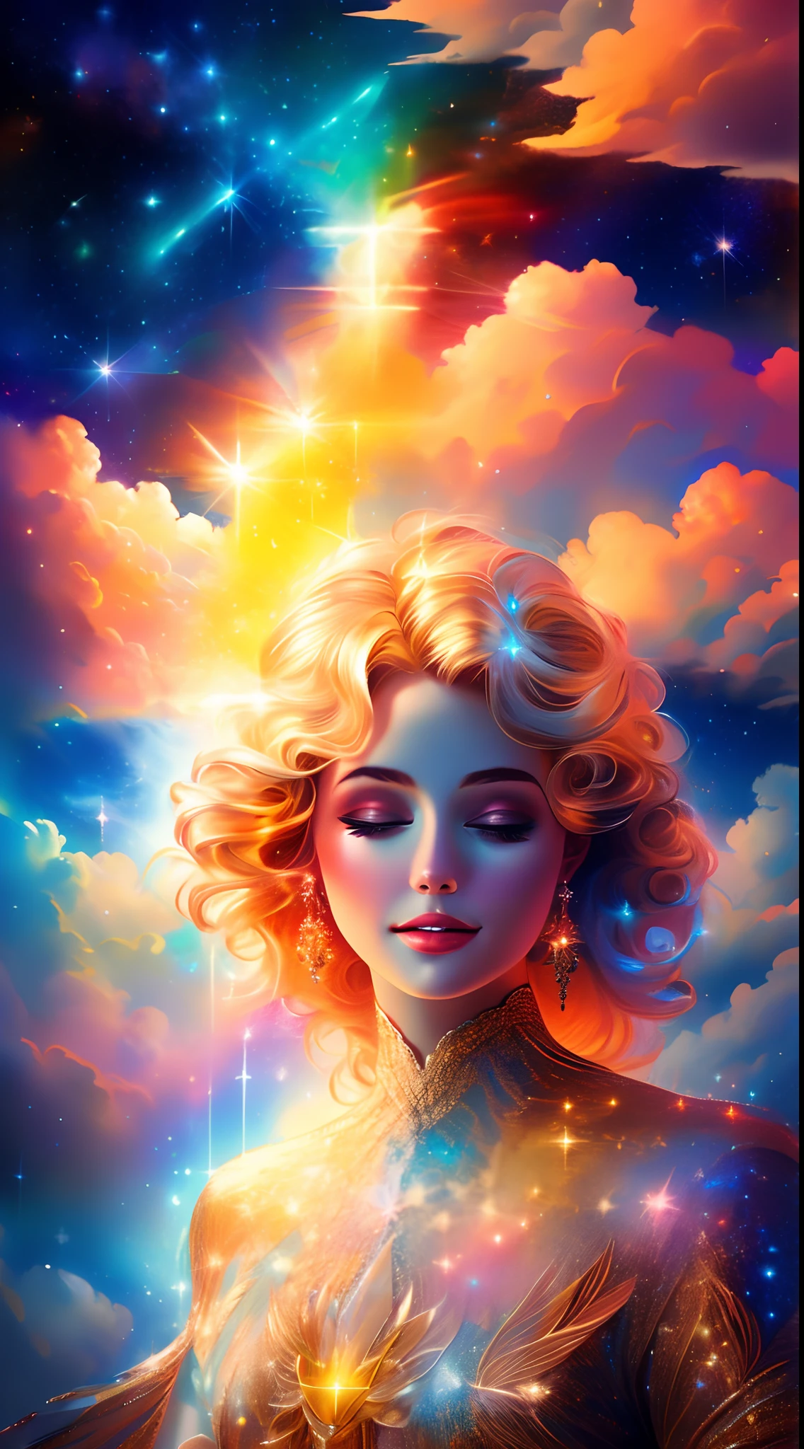 A realistic photo，An elegant angeless dressed in sparkling clothes, Perfectly wings, Symmetrical wings, Colorful fine linen, It is surrounded by splendid flowers and bright clouds, Smoke, Misty, shimmering aura, morning lighting, Close-up, Almost white blonde hair, Glowing skin, soft, Elegant milky white glowing wings, Calm galactic pupil eyes, In the distant sky，It can be twinkled with bright stars, 8K  UHD, Digital SLR, Soft lighting, High quality, filmgrain, Fujifilm XT3 , Style - rust magic
Deep journey, Deep journey