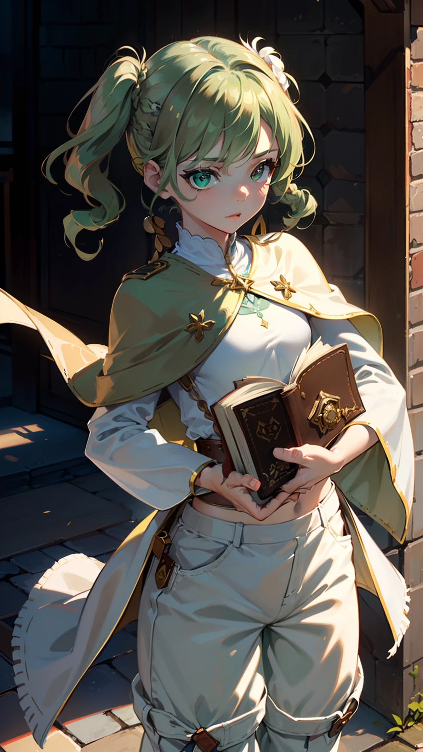 masterpiece, ultra detailed, 8k portrait, RAW photo, portrait photography, highly detailed face, beautiful and meticulous eyes, ((Fantasy)), Young beautiful, , (((drooping eyes))), dynamic pose, (((short wavy light green hair))), ((braided twin tail)), parted bangs, White skin color, Luxury, (((white tunic))), ((((brown wide pants)))), (((brown cape))), (((little waist hip pouch))), high cut leather boots, ((holding magic book)), Midday Sun, hyper realistic, slender body, flat chest, Long legs, on the medieval load, Ambient lighting, Shadow details , Camera focus on face, strong breeze, Light fog