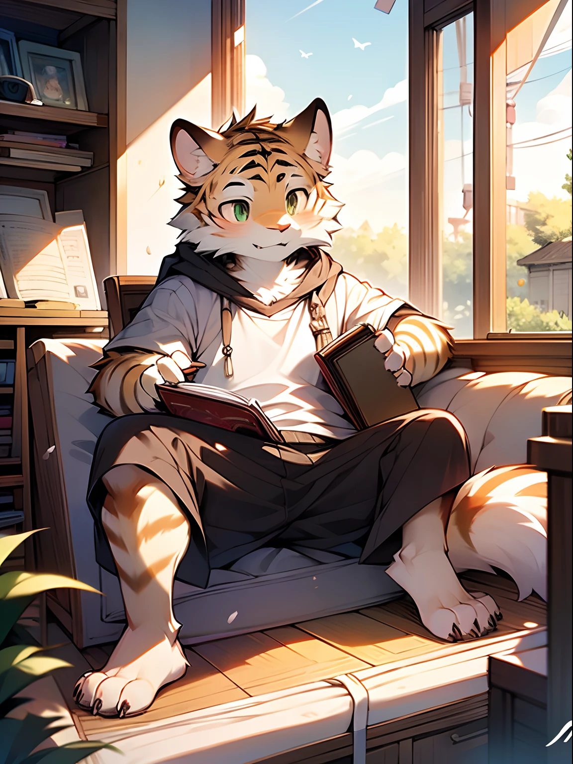Masterpiece, Best quality, Perfect anatomy, author:K0bit0wani, author:Milk Tiger 1145, (author:Dekkers:0.3), Furry, coyote, Solo, Male, baggy clothes, Open clothes, Eau, Abs, medium bulge, holding book, Detailed background, music sheets, Leaning back, Butterfly, Grass,Shota,Libido boy