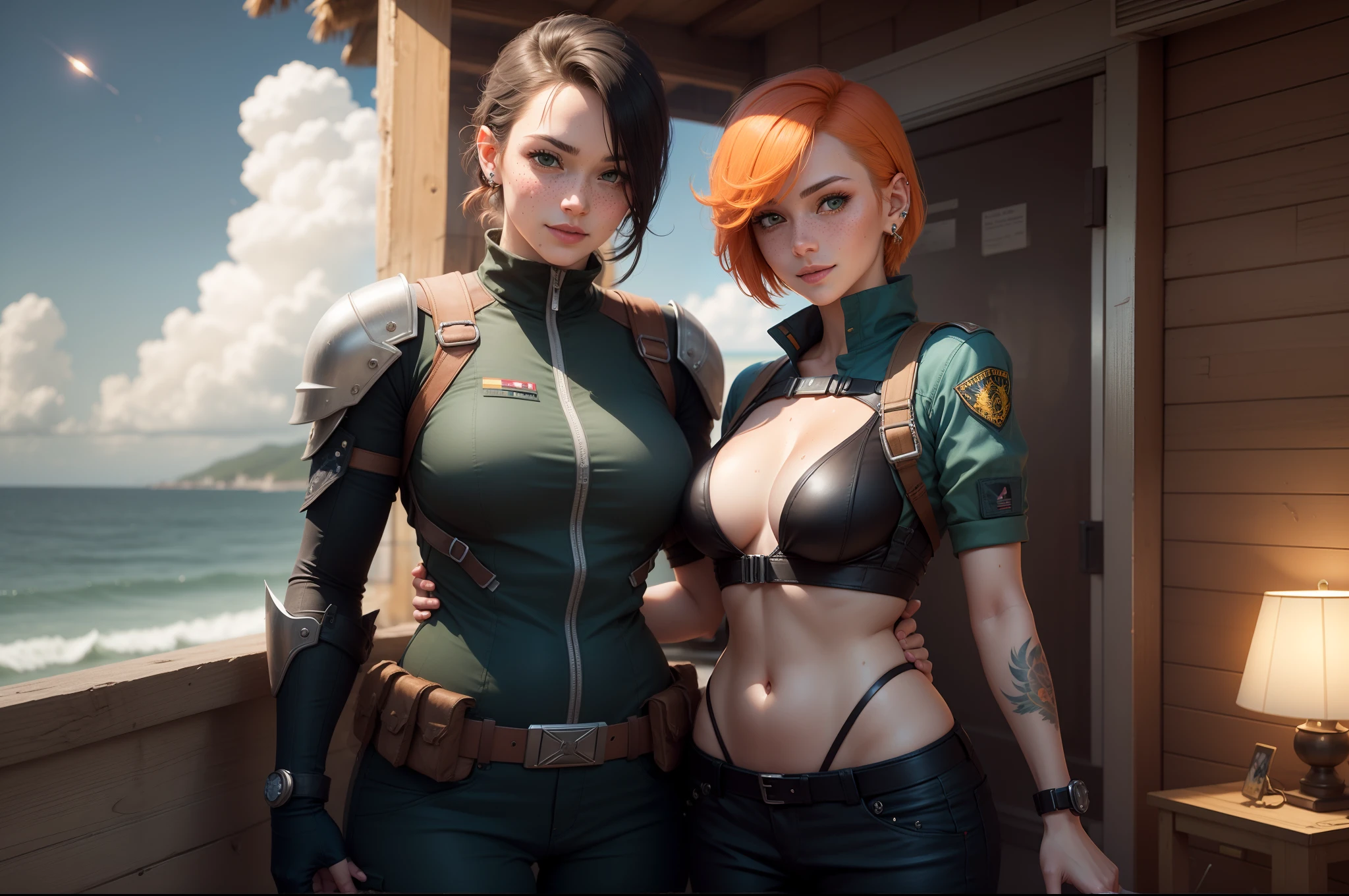 gwen tennyson,tracer,y'shtola rhul,yorha 2b,atelier ryza,resident evil,close up,mecha pilot,ocean view,fireworks,tattoos,red and orange plugsuit,white short sleeve silk top,light gray cargo pants,uncovered belly,short hair,cute makeup,green eyes,dimensional blonde and orange hair,shy smile,freckles, redhead,beautiful girl,large breasts, ultra detailed,realistic,fantasy art, military uniform,steel armor,palm trees,moonlight,police uniform,pilot jacket,ear piercings,hair pin,wet body, portrait close up,beach cabin,solo girl,