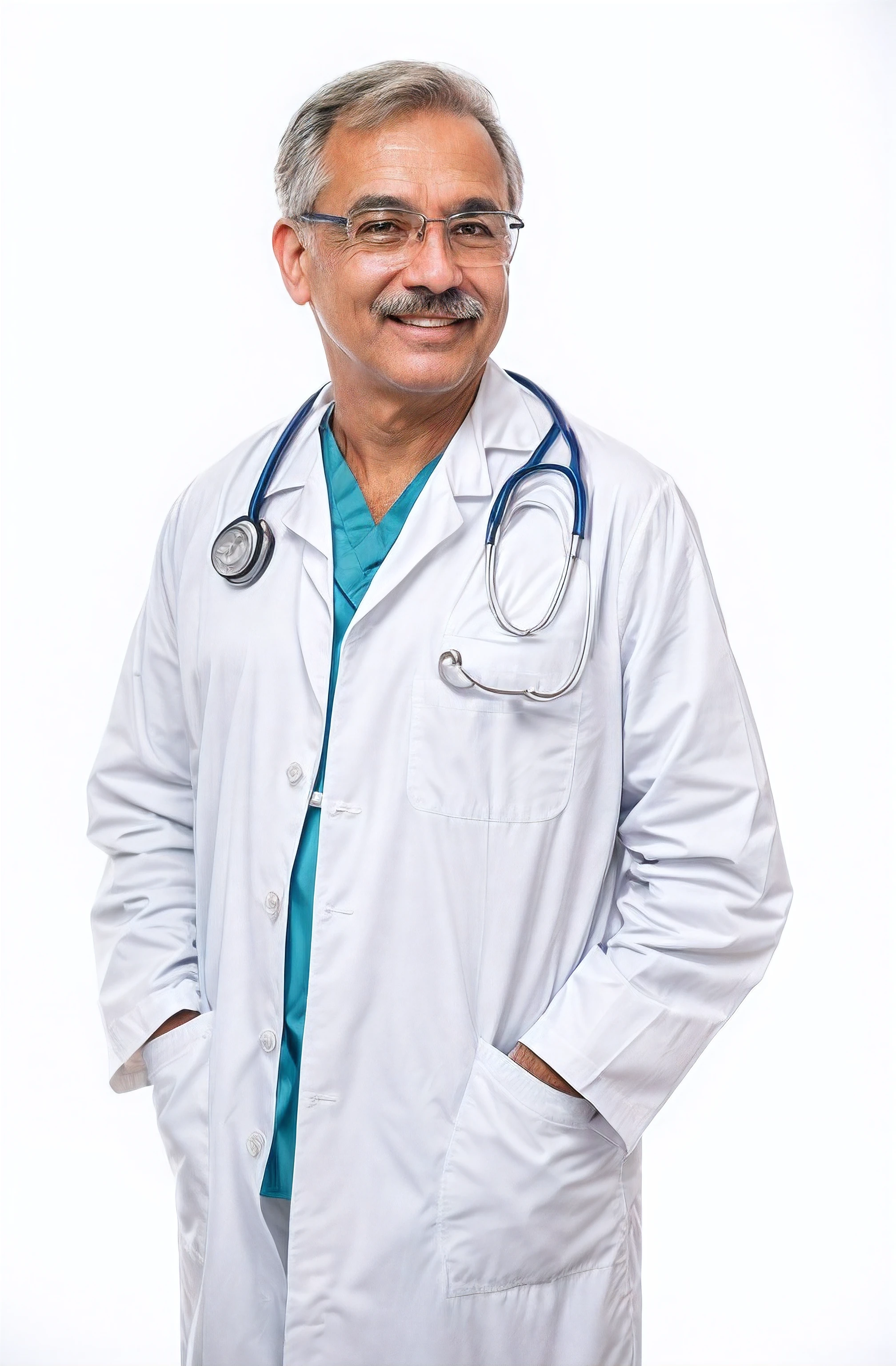 A 67-year-old experienced doctor in a white coat, vestindo uma camiseta azul e cinza, with a stethoscope around the neck. He is also wearing glasses and has a mustache. The doctor has beautiful detailed eyes, with long eyelashes and a gentle look. His face is extremely detailed, showing wisdom and experience. The lab coat is made of a high-quality material, giving it a crisp and professional look. A camiseta azul e cinza adiciona um toque de cor ao traje geral. The doctor stands confidently, com um sorriso suave no rosto. He has a medical record in one hand and a pen in the other, pronto para tomar notas. The stethoscope around the neck indicates your expertise in the medical field. The glasses he wears add a touch of intelligence and sophistication to his appearance. The backdrop to the scene is a well-equipped doctor's office, with shelves full of books and medical equipment. Lighting is bright and professional, Creating a clean and sterile atmosphere. Color tone is crisp and vibrant, with a focus on fresh tones to convey a sense of professionalism and tranquility.