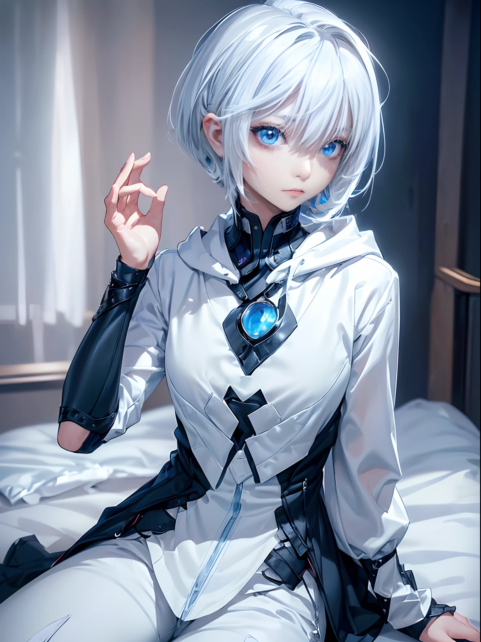 ((4K works))、masterpiece、(top-quality)、One beautiful girl、Slim body、tall、((Black Y-shirt and white pants、Charming street style))、Please wear one jacket、Wearing a hood to hide his face、(Detailed beautiful eyes)、Morning City、((bedroom))、Fantasy bedroom inhabited by aristocrats、Black bedroom、Video call screen、((Face similar to Carly Rae Jepsen))、((Short-haired white hair))、((Smaller face))、((Neutral face))、((Bright blue eyes))、((American adult women))、((Adult female 26 years old))、((cool lady))、((Like a celebrity))、((Wild look))、((Korean Makeup))、((elongated and sharp eyes))、((Happy dating))、((boyish))、((Upper body photography))、Professional Photos、((Model photo))、((Shot alone))、((She's on the futon))、((It's like making a video call with your audience))、((Sitting on a futon))、((Shot very close to the face))、((Face Close-up))