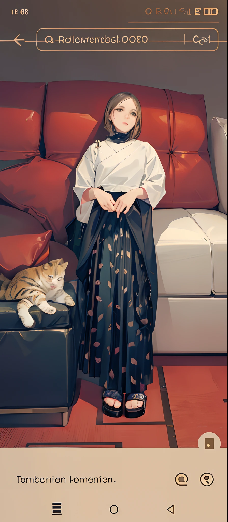 there is a woman standing in front of a couch with a cat, detailed picture, wearing a long flowy fabric, pleated skirt, with black, dressed in long fluent skirt, flowy, coat pleats, hakama kimono, long skirt, beautiful masterpiece, wide skirts, taken in 2 0 2 0, full length view, black, full body wide shot