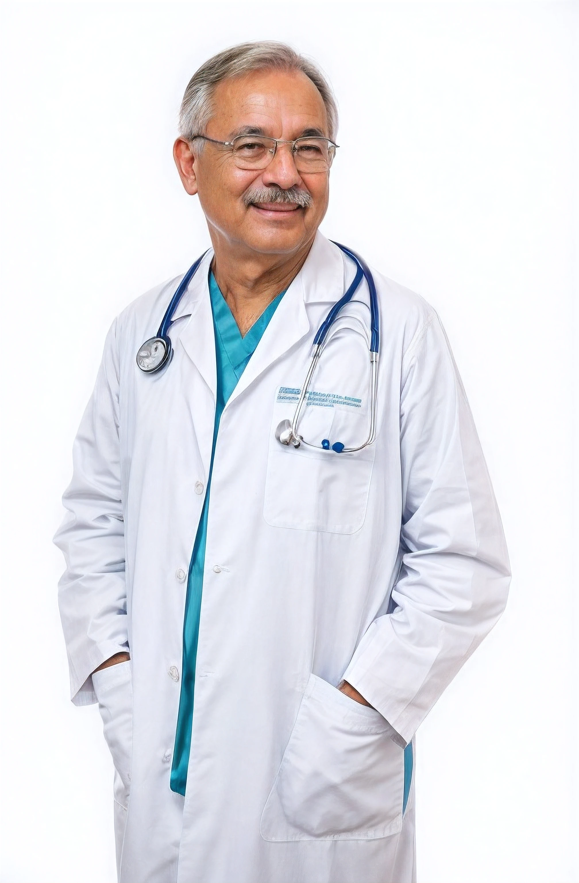 A 67-year-old experienced doctor in a white coat, vestindo uma camiseta azul e cinza, with a stethoscope around the neck. He is also wearing glasses and has a mustache. The doctor has beautiful detailed eyes, with long eyelashes and a gentle look. His face is extremely detailed, showing wisdom and experience. The lab coat is made of a high-quality material, giving it a crisp and professional look. A camiseta azul e cinza adiciona um toque de cor ao traje geral. The doctor stands confidently, com um sorriso suave no rosto. He has a medical record in one hand and a pen in the other, pronto para tomar notas. The stethoscope around the neck indicates your expertise in the medical field. The glasses he wears add a touch of intelligence and sophistication to his appearance. The backdrop to the scene is a well-equipped doctor's office, with shelves full of books and medical equipment. Lighting is bright and professional, Creating a clean and sterile atmosphere. Color tone is crisp and vibrant, with a focus on fresh tones to convey a sense of professionalism and tranquility.