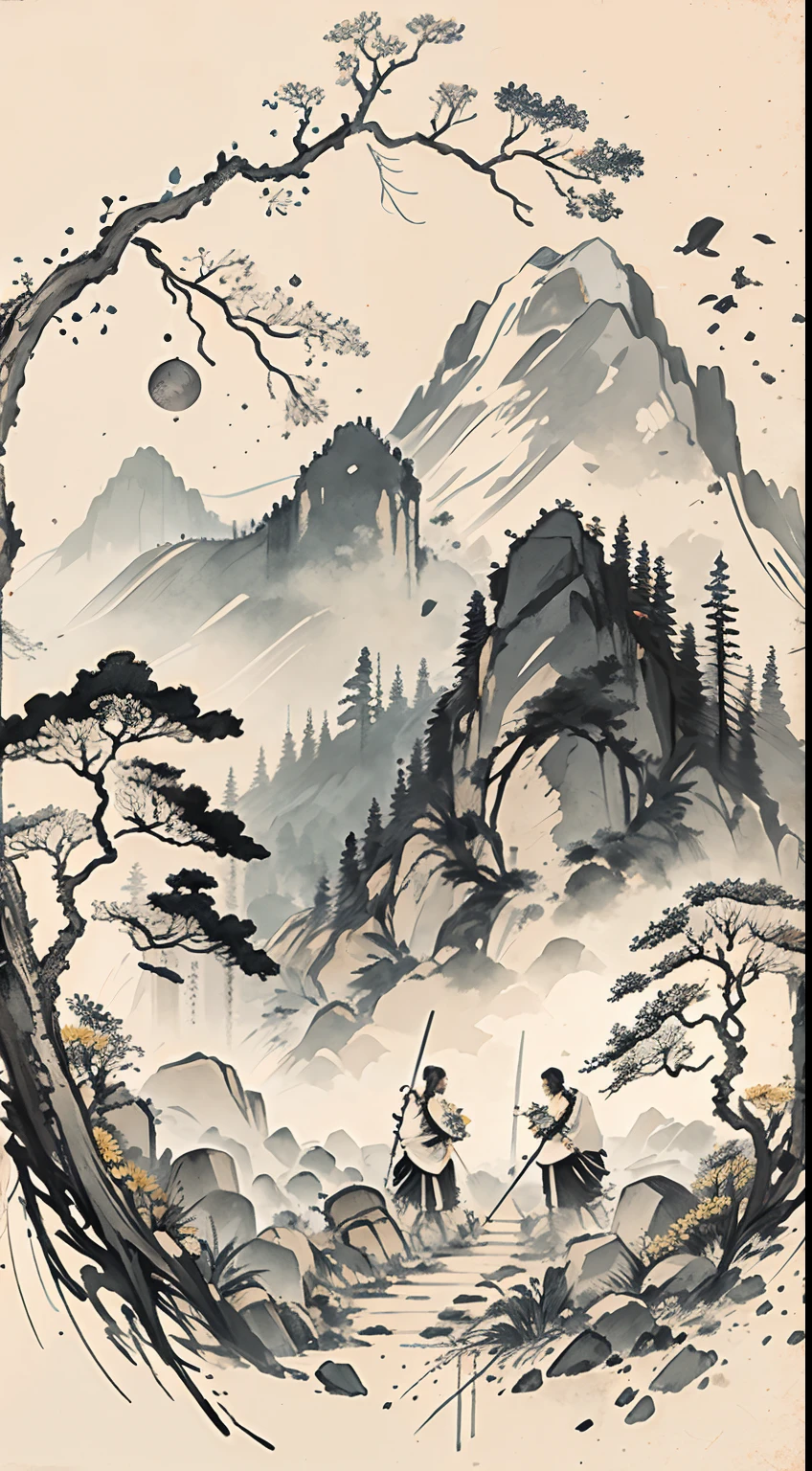 (tmasterpiece,best qualtiy:1.2),(No_Humans),mountain in the distance,Tradition Chinese Ink Painting,house,grave stones,grassy fields,chrysanthemums