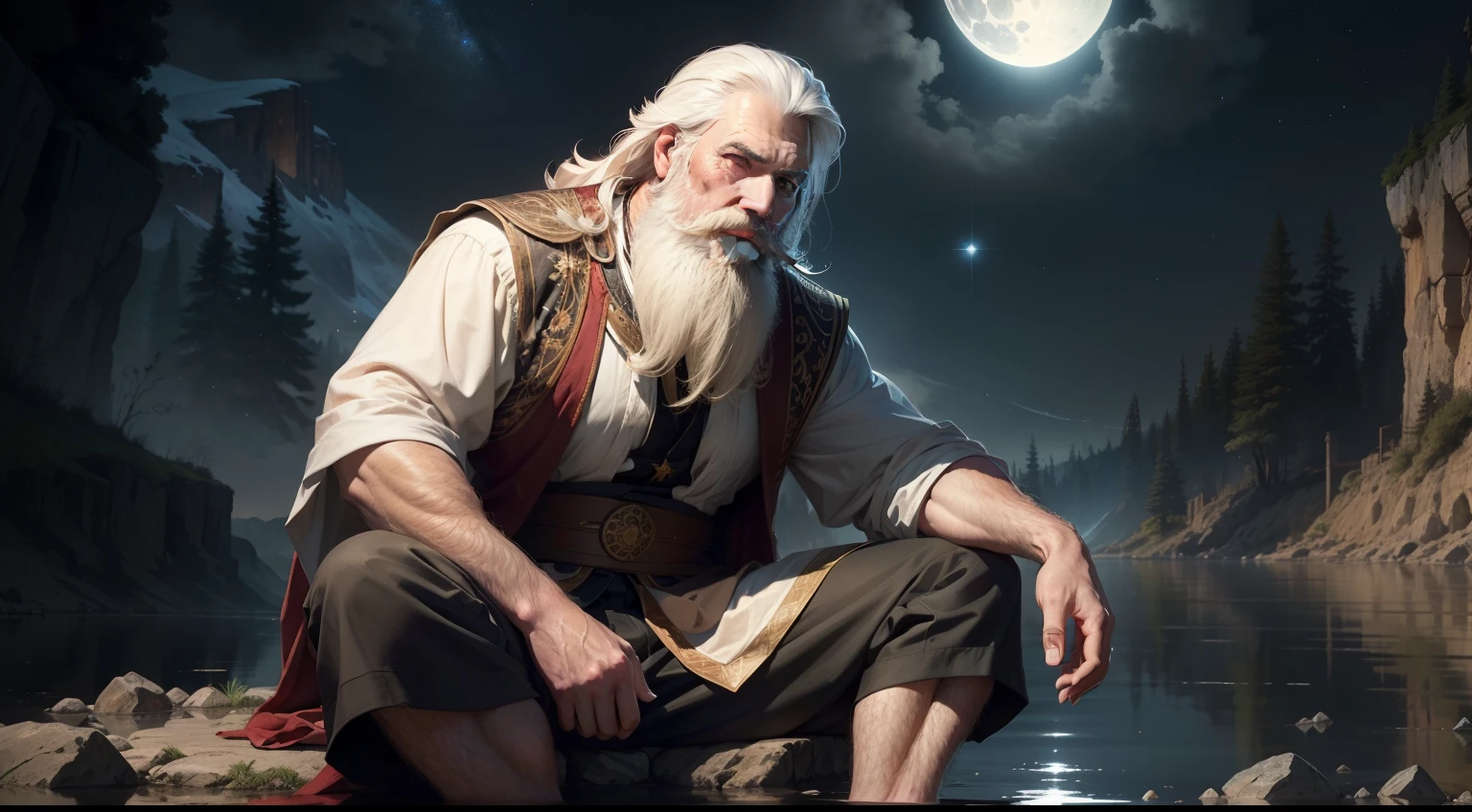 A white-bearded man sitting on the bank of a river at night with the stars in the sky shining with the reflection of moonlight on the river with an expression of patience, with clothes from biblical times