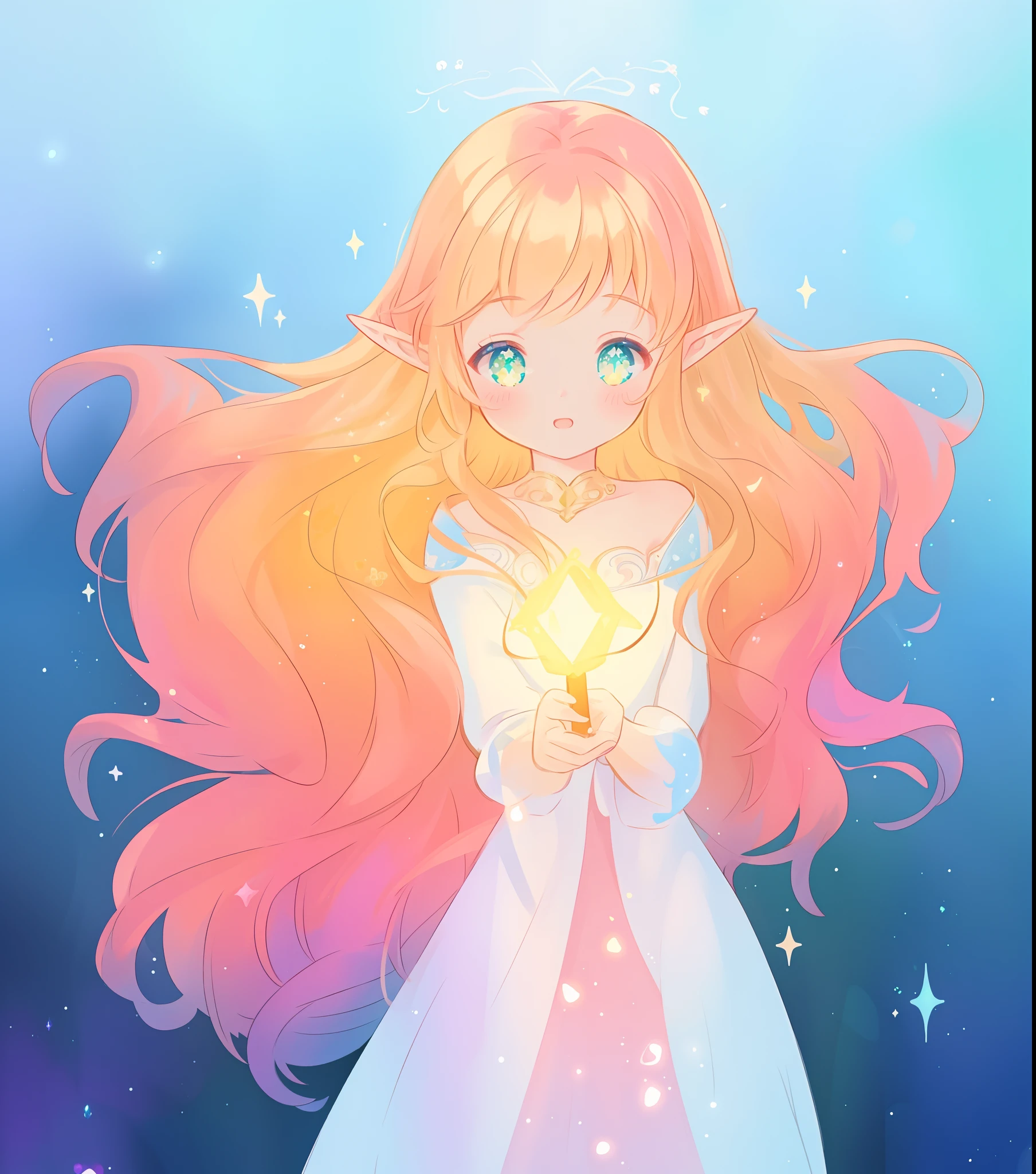 beautiful girl in white elven dress, elven princess, elf ears, princess, white sparkling crown made of vines and flowers, vibrant pastel colors, (colorful), magical lights, red and gold long wavy hair, sparkling lines of light, inspired by Glen Keane, inspired by Lois van Baarle, disney art style, by Lois van Baarle, glowing aura around her, by Glen Keane, jen bartel, glowing lights! digital painting, flowing glowing hair, glowing flowing hair, beautiful digital illustration, fantasia background, whimsical, magical, fantasy, beautiful face, ((masterpiece, best quality)), intricate details, highly detailed, sharp focus, 8k resolution, sparkling detailed eyes, liquid watercolor