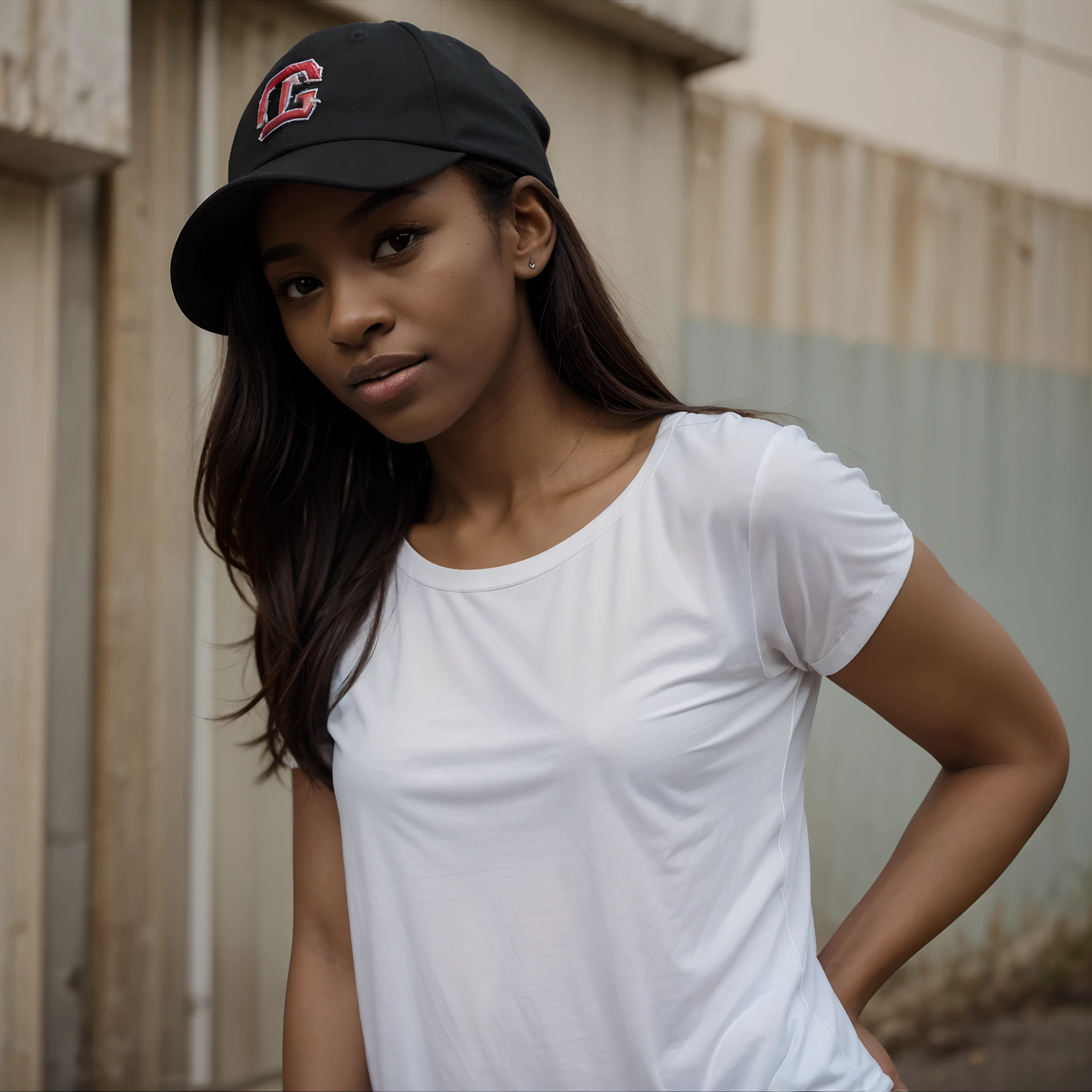 1girl in, Solo, Dark skin, dark skinned female, Upper body, Baseball Cap, T-shirt, Tomboy