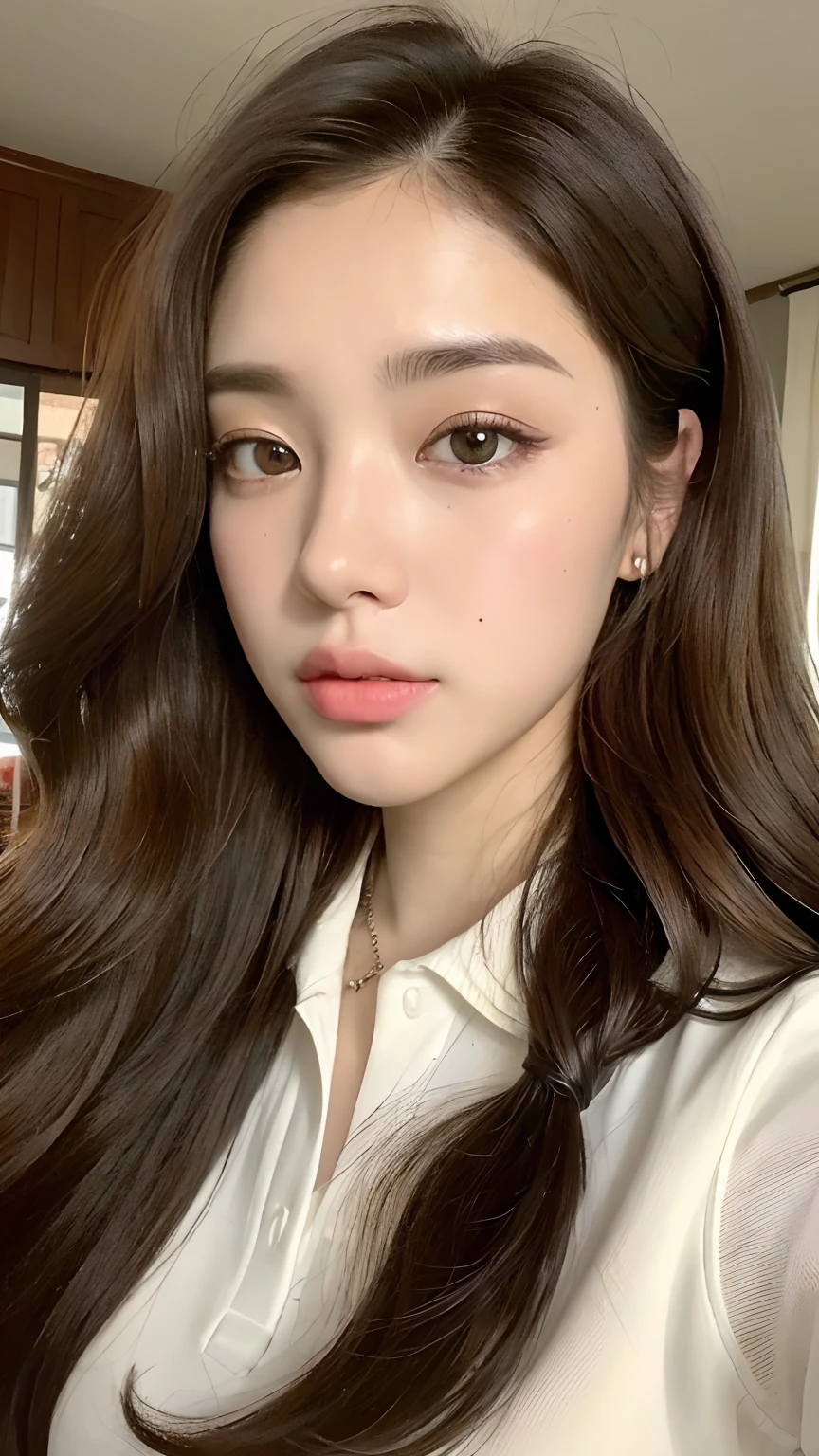 ((best qualtiy, 8K, tmasterpiece:1.3)), Focus:1.2, perfect figure beautiful woman:1.4, Cocked buttocks:1.2, ((Random Long Hairstyle In Big Curls) ((Brown BIg Wavy Hair))（Long white legs：1.3，(Polo shirt:1.2) , (inside in room: 1.2), Highly detailed facial and skin texture, A detailed eye, 二重まぶた，Whiten skin，（Straight big breasts：1.3), looking at camera, Wear a necklace，