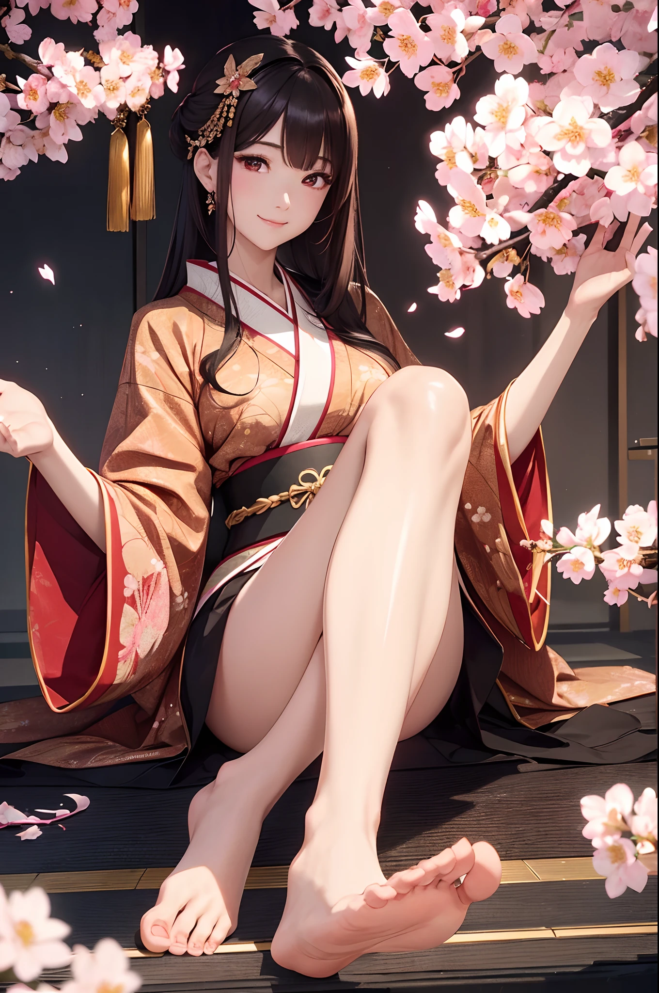 Best Quality, hight resolution, 1girl in, 8k.red eyes、A dark-haired、Gold hair ornament、Luxurious kimono with cherry blossom pattern、Detailed hand depiction、Angle looking up from below、Inappropriate smile、Seductive face、Crystal clear luster、Bare legged、Show the soles of your feet to the camera、Detailed foot depiction、Beautiful foot line、